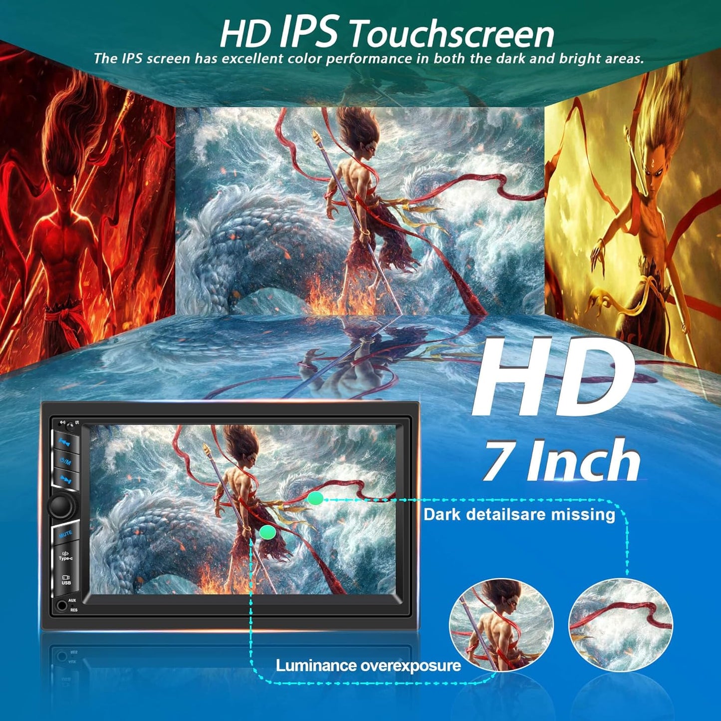 7 in Double DIN Car Stereo Radio with Wireless Apple CarPlay, Car Audio Receivers with Android Auto, 7" IPS Touchscreen, Car Stereo with Bluetooth, HD Backup Camera, FM Receiver, GPS,180W Audio Output