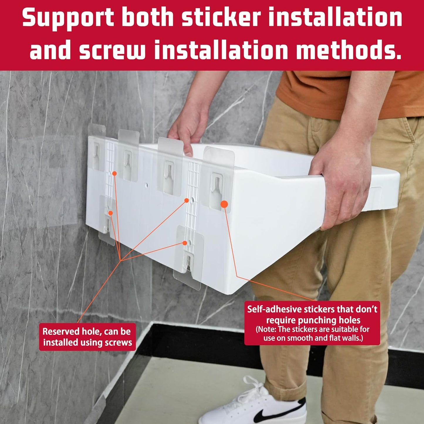 Wall Mount Bathroom Sink 19.7*15.3 No-Drill Installation Self-Adhesive Wash basin with Faucet Hole Bathroom Sinks Floating Vanity Sink for Lavatory Room Basin Plastic Rv Sink forGarage (19.7*15.3*7.1)