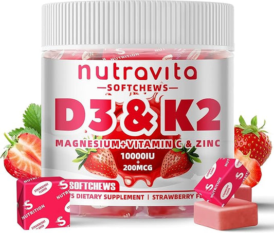 Sugar-Free Vitamin D3 K2 Chews with Calcium + K2 (MK-7), Magnesium Citrate, Vitamin C, Extra Strength - Ultimate Absorption for Bone Muscle Teeth Immune,Vegan - 60 Count-Strawberry Flavor.