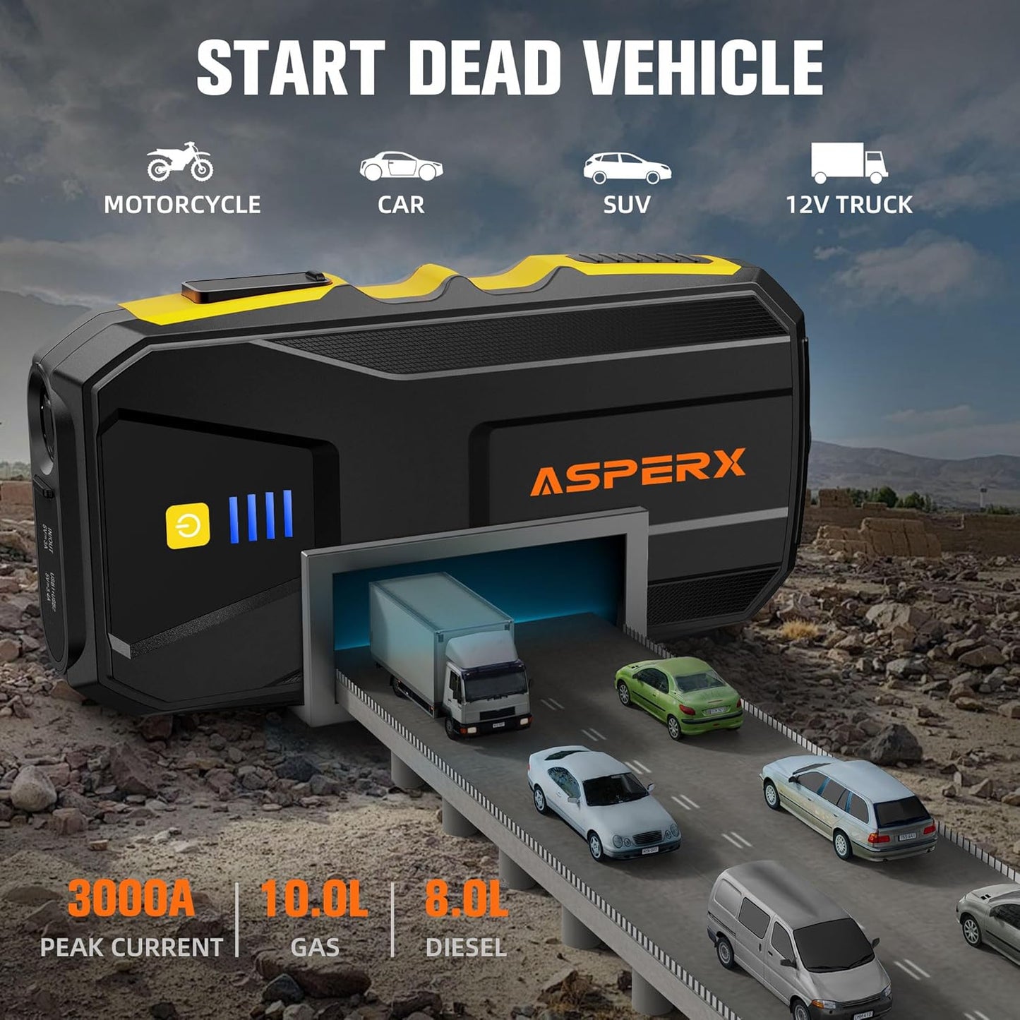 ASPERX 3000A Jump Starter for Car Battery, 12V Portable Jump Box with LED Light & Smart Jumper Cables, BMS for Up to 10.0L Gas or 8.0L Diesel Engines-Yellow