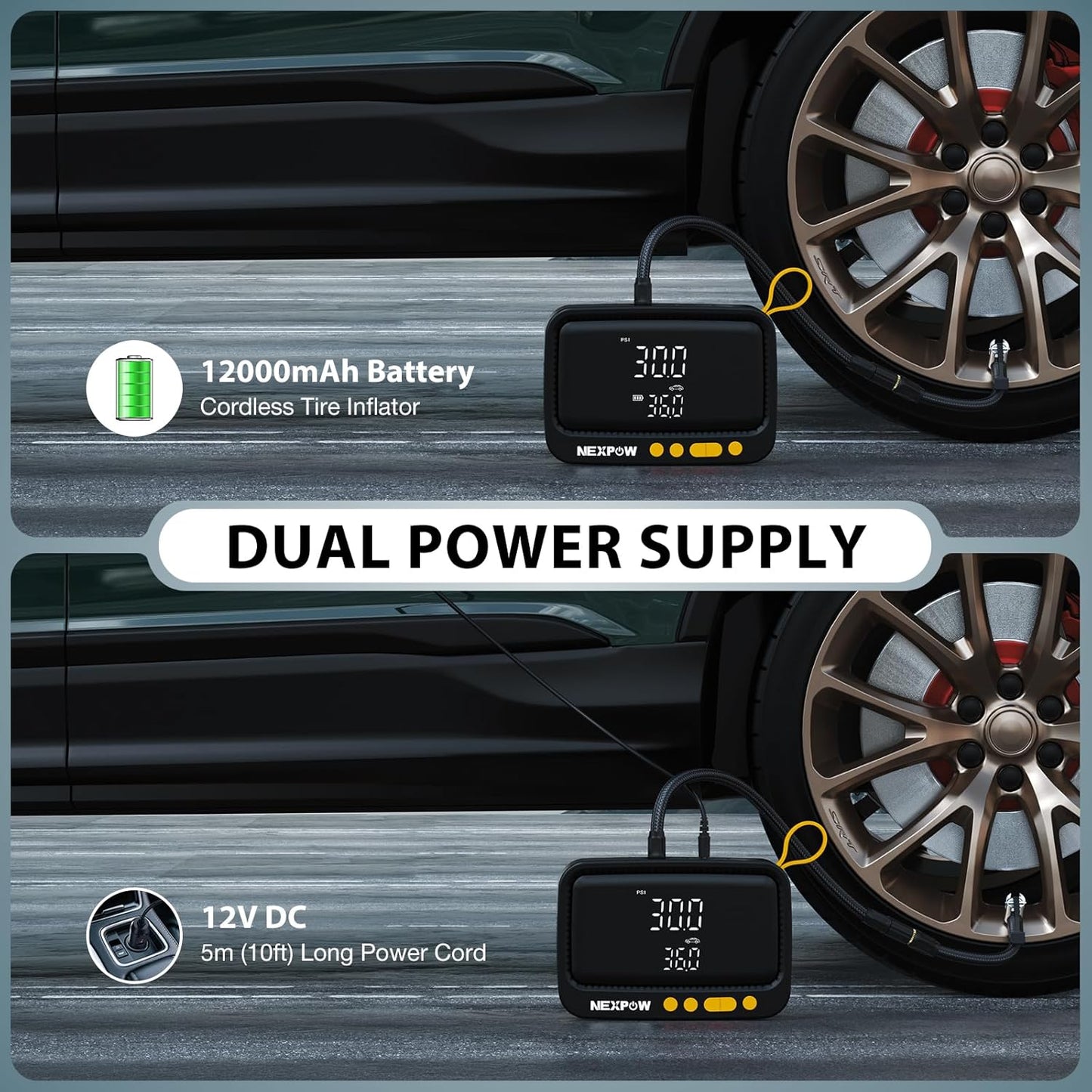 NEXPOW Tire Inflator Portable Air Compressor, 150 PSI Cordless Air Pump for Car Tires with Digital Pressure Gauge & Auto Shut-Off, Air Compressor Portable for Car, Motorcycle, Bicycle, Balls, Yellow