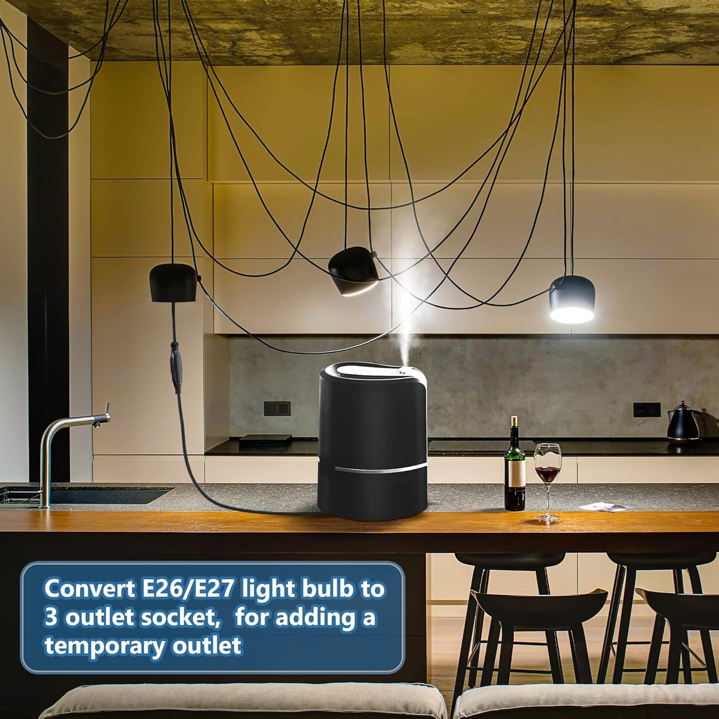 Feekoon 1 Pack 3 Outlet Light Socket Adapter, Convert E26/E27 Bulb Socket to 3 Prong Outlet with Extension Cord, Light Bulb Plug Adapter Converter Suitable for Outdoor Porch Garage Patio Use (Black)