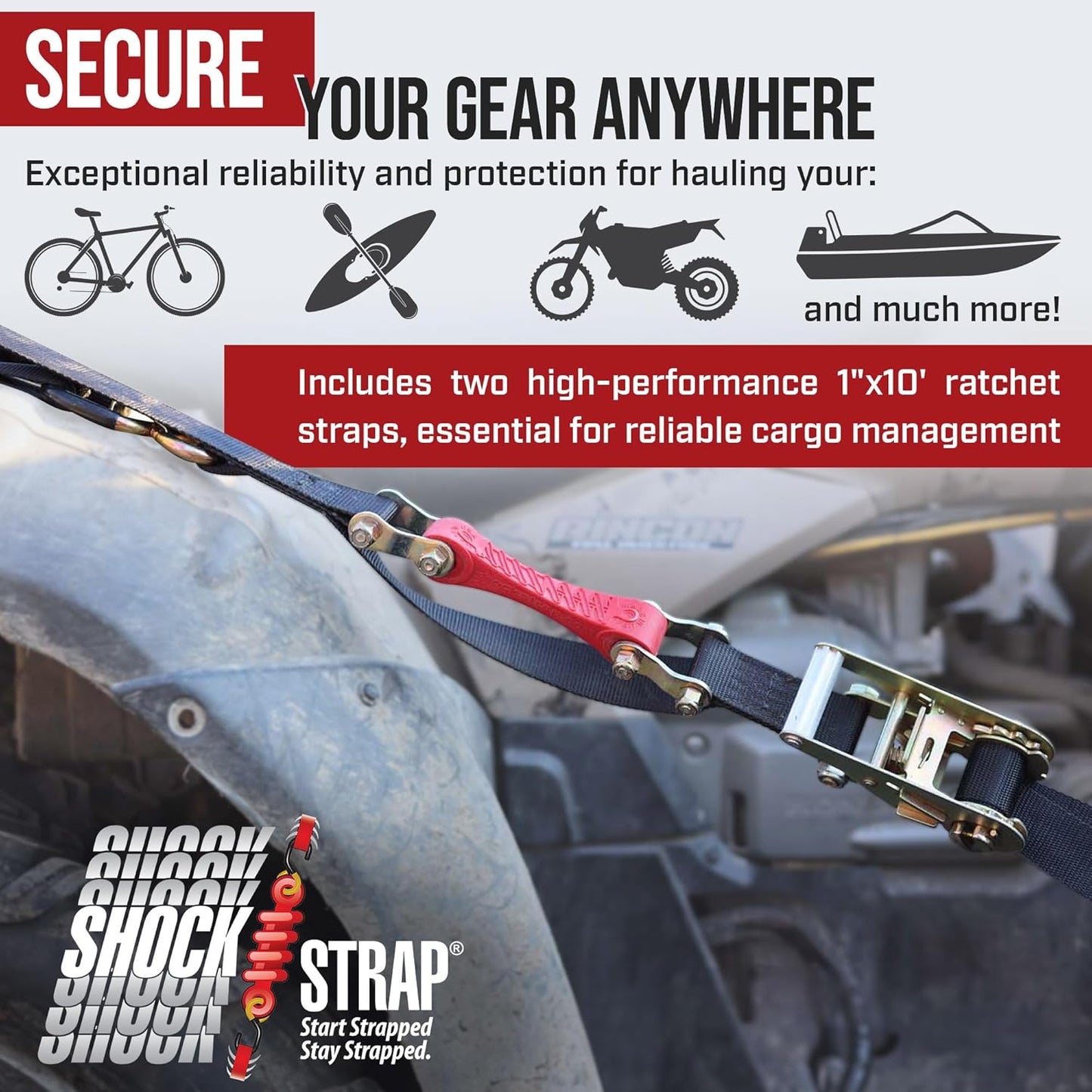 Ratchet Strap, 10' x 1" Shock Absorbing Heavy Duty Tie Downs for Cargo, 500 LB WLL / 1,500 LB Break Strength, 2-Pack