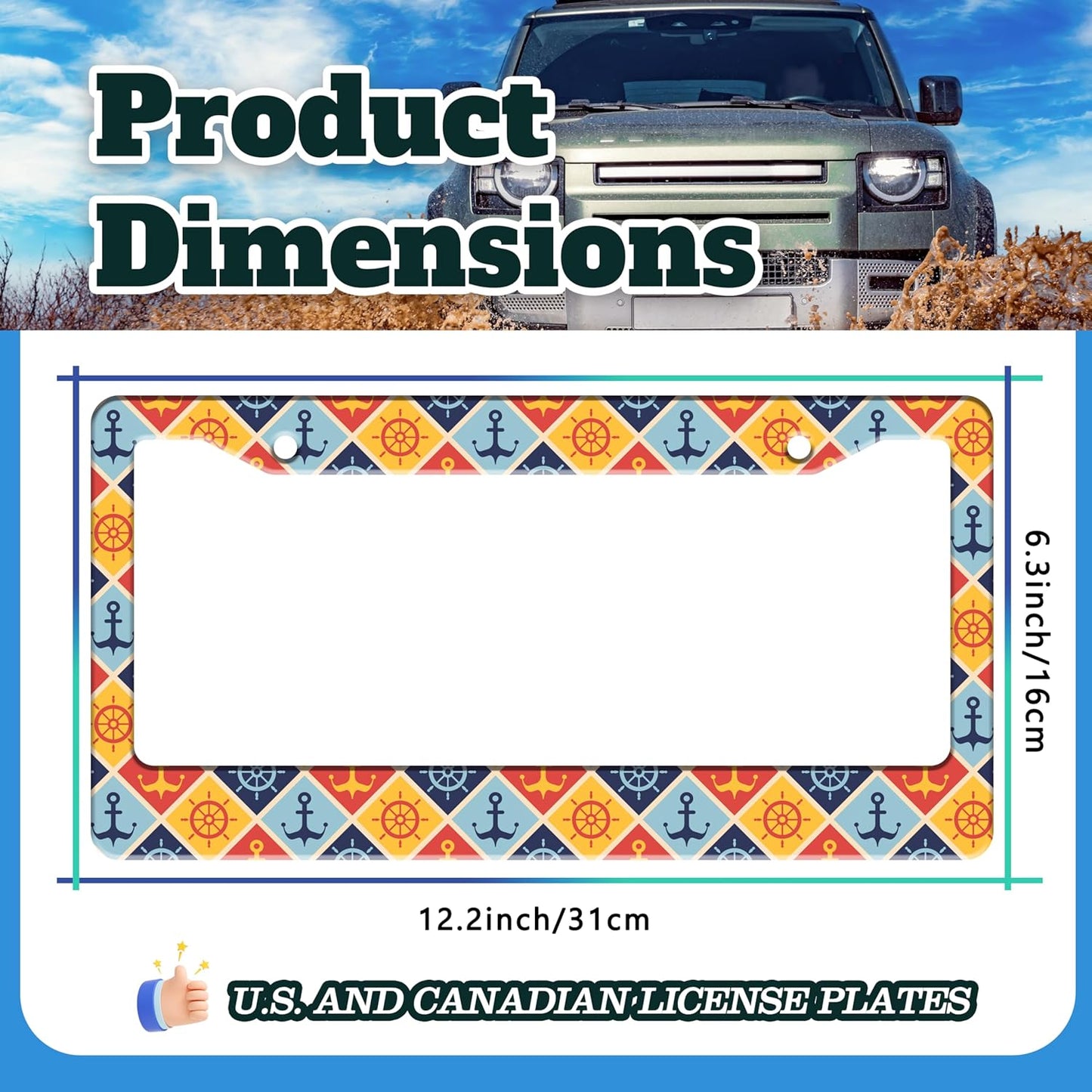 Anchor Rudder License Plate Frame Nautical Stainless Steel License Plate Holder for Front or Rear Car Tags Funny for Car Decoration Accessories with Screws 6.3 X 12.2 in for Women Men