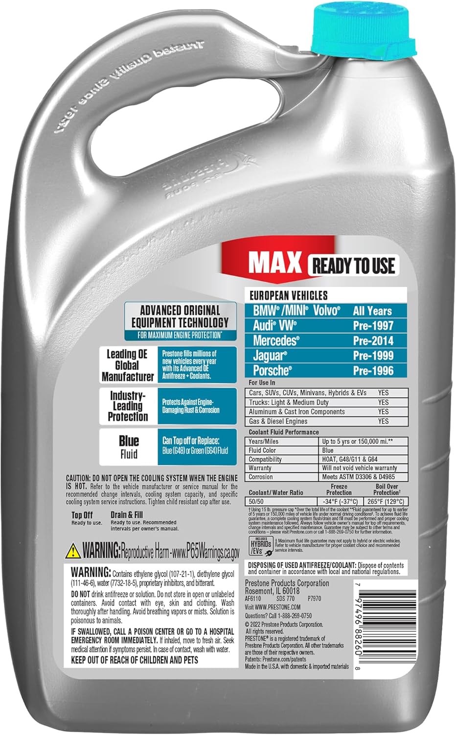 Prestone AF6110 MAX European Vehicles (Blue) Anti-Freeze and Coolant, 1 Gallon, Pack of 6