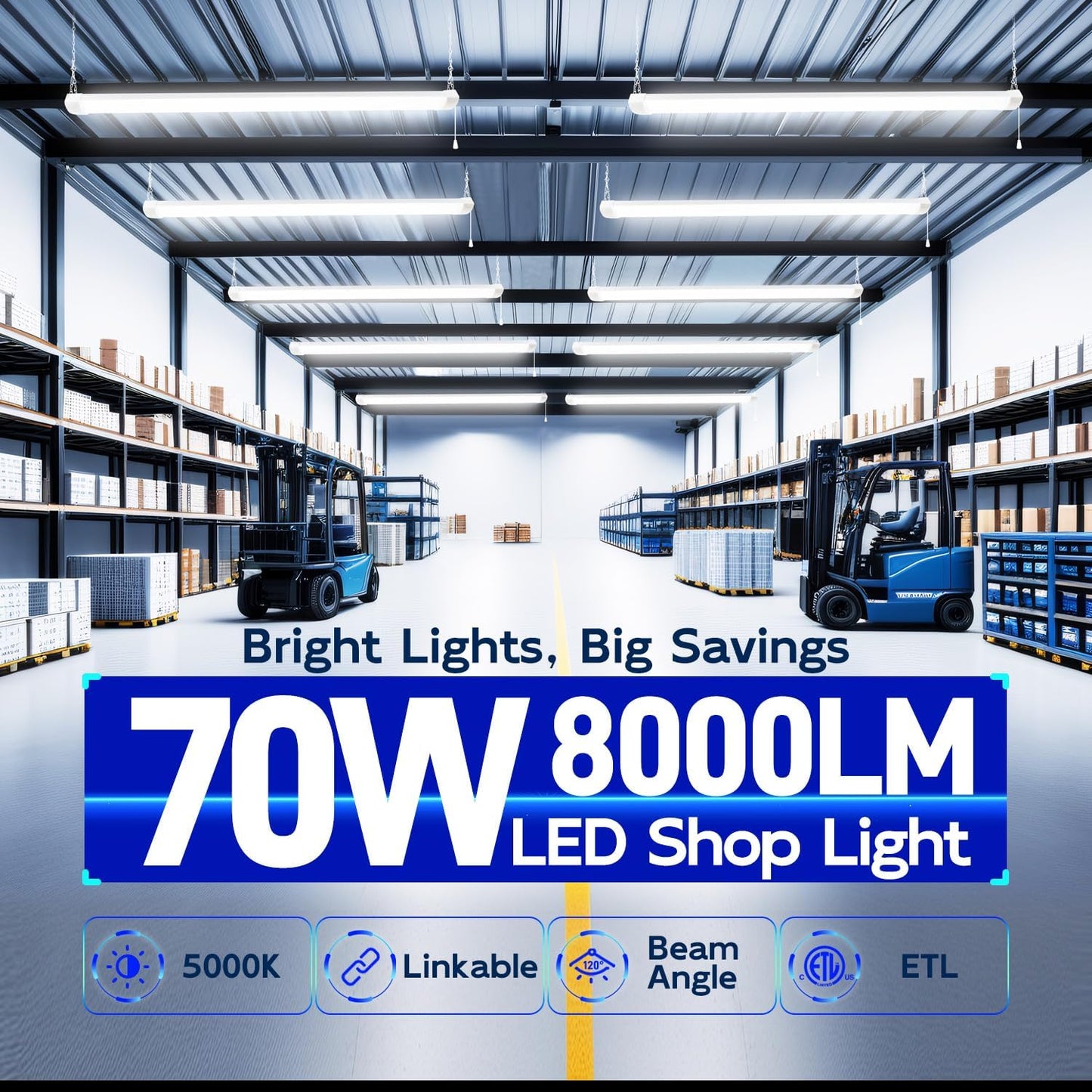 hykolity 4FT 70W LED Shop Light Linkable, 8000lm(300w Equivalent), 5000K Utility Shop Lights for Garages, Workshops, Basements, Hanging or FlushMount, with Power Cord and Pull Chain, ETL,White, 2 Pack