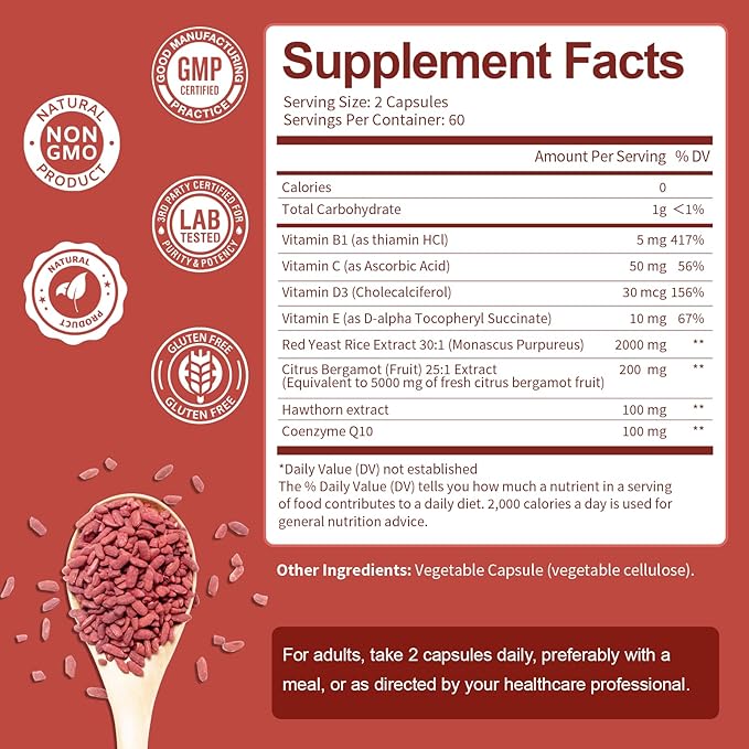 (2 Packs) Red Yeast Rice with CoQ10 Supplement - Citrinin-Free Red Yeast Rice 2,000 mg Capsules with CoQ10 100mg Plus Citrus Bergamot - Niacin-Free, Cholesterol & Energy Supplement 3rd-Party Tested