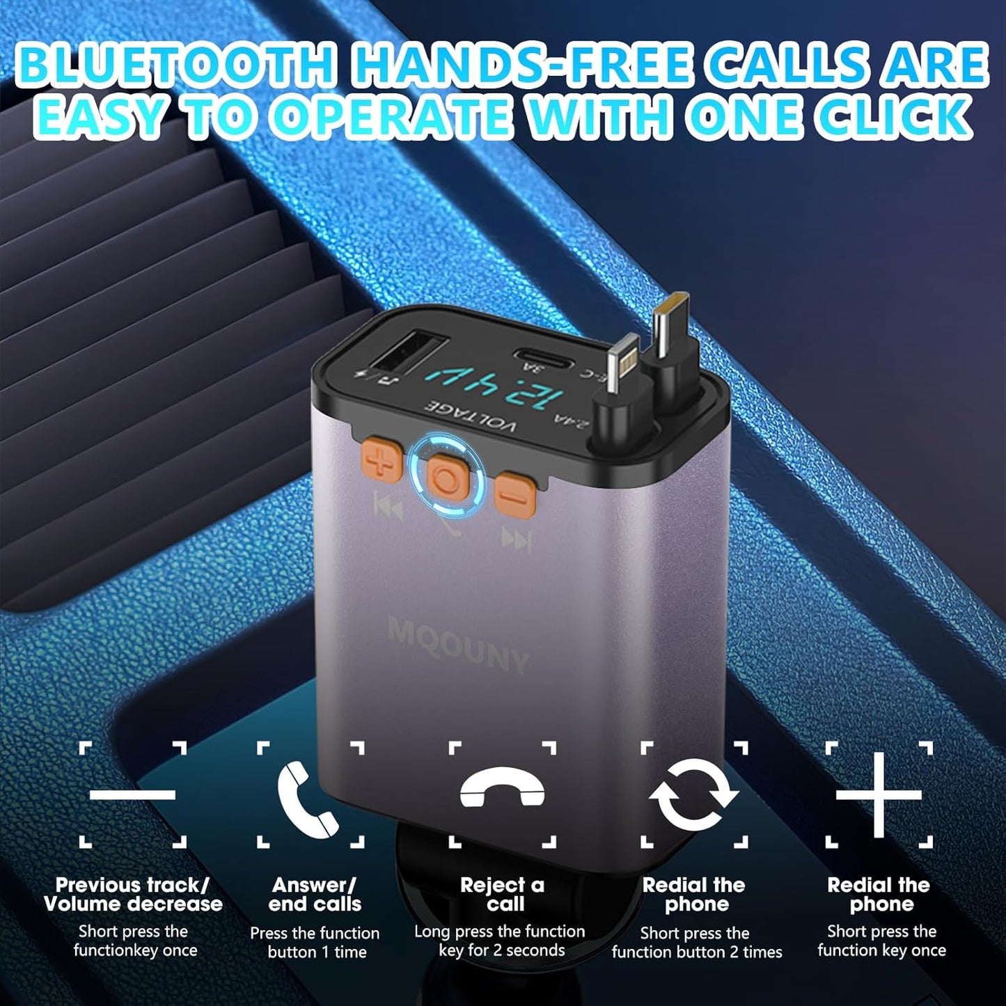 Retractable Car Charger,5 in 1 Fast Cars Phone Charger 60w,Bluetooth 5.3 FM Transmitter Adapter,Handsfree Call,MP3 Player,2 Retractable Cables and USB Chargers, for Phone,Galaxy,Pixel (Purple)