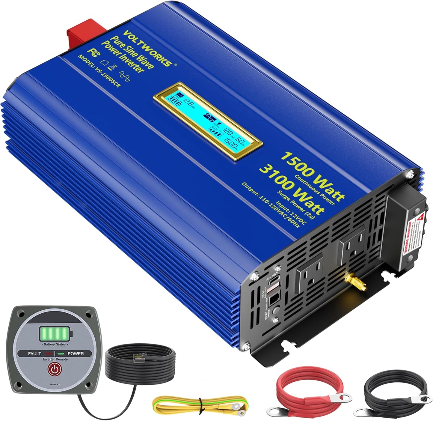 Pure Sine Wave Inverter 1500 Watt 12V to 110V 120V AC Surge Peak 3100W For 2 Seconds Power Inverter Built-in UL Fuse PD36W USB-C Port Compatible with Lithium Battery Starlink For Off-Grid Solar Car RV