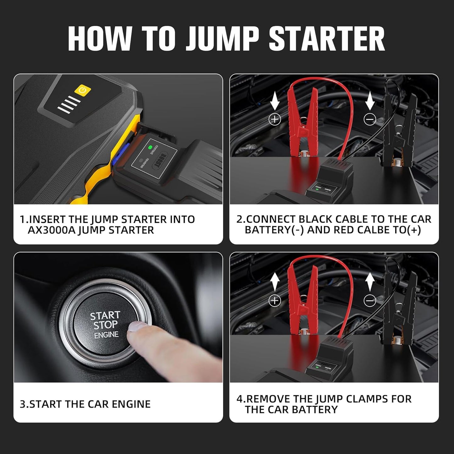 ASPERX 3000A Jump Starter for Car Battery, 12V Portable Jump Box with LED Light & Smart Jumper Cables, BMS for Up to 10.0L Gas or 8.0L Diesel Engines-Yellow