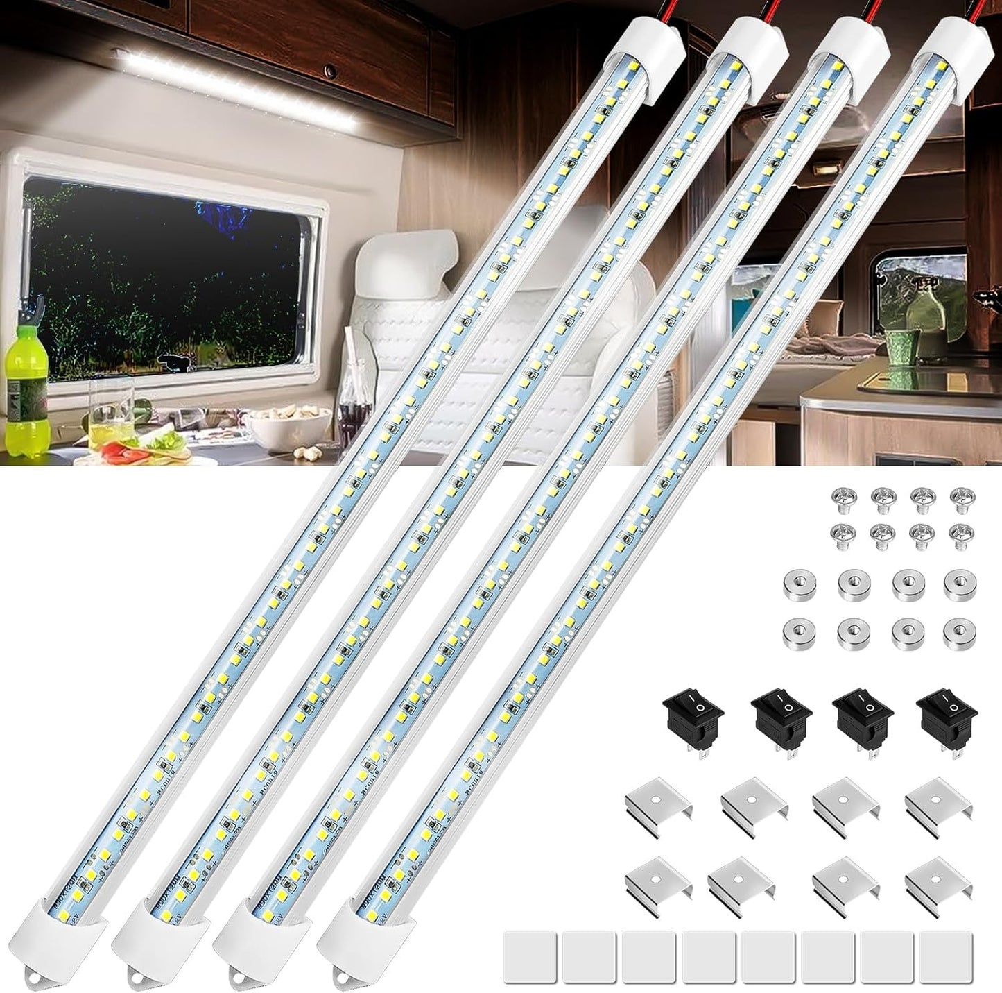 Linkstyle 4PCS 12V Interior LED Light Bar, Super Bright 6500K 12V LED Light Strip Lights with Switch, 48 LEDs 700LM Enclosed Trailer Lamp for Car Truck Camper Van RV, White