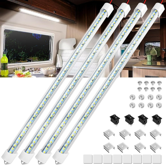 Linkstyle 4PCS 12V Interior LED Light Bar, Super Bright 6500K 12V LED Light Strip Lights with Switch, 48 LEDs 700LM Enclosed Trailer Lamp for Car Truck Camper Van RV, White