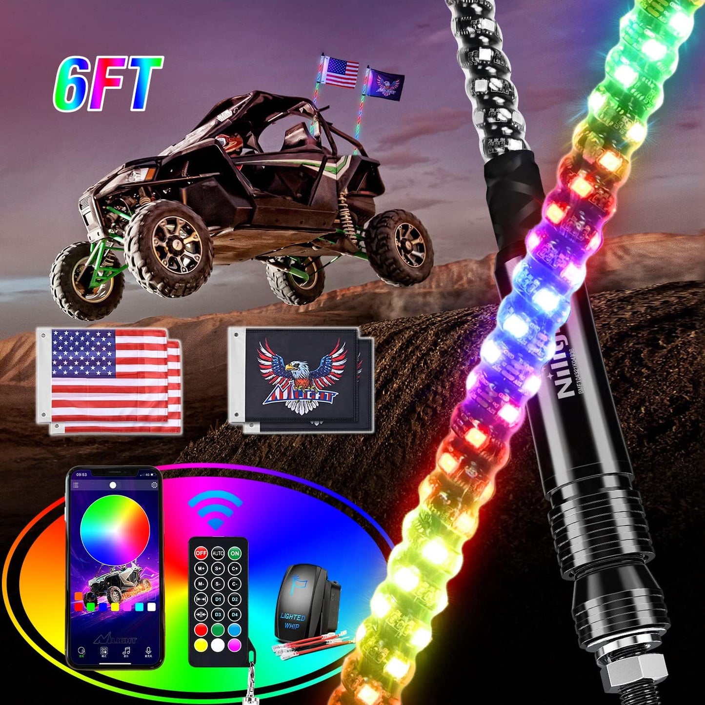 Nilight 2PCS 6FT RGB LED Whip Light, Remote App Control w/DIY Chasing Patterns Stop Turn Reverse Lighting Modes Safety Lighted Antenna for ATV UTV Polaris RZR Can-am Dune Buggy Jeep