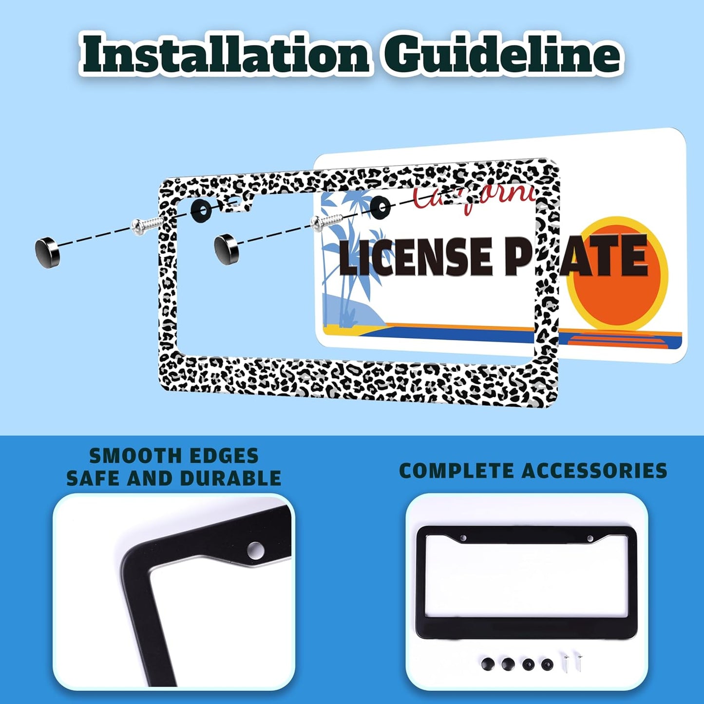 Leopard Print License Plate Frame Skin Texture Pattern Stainless Steel License Plate Holder for Front or Rear Car Tags Funny for Car Decoration Accessories with Screws 6.3 X 12.2 in for Women Men