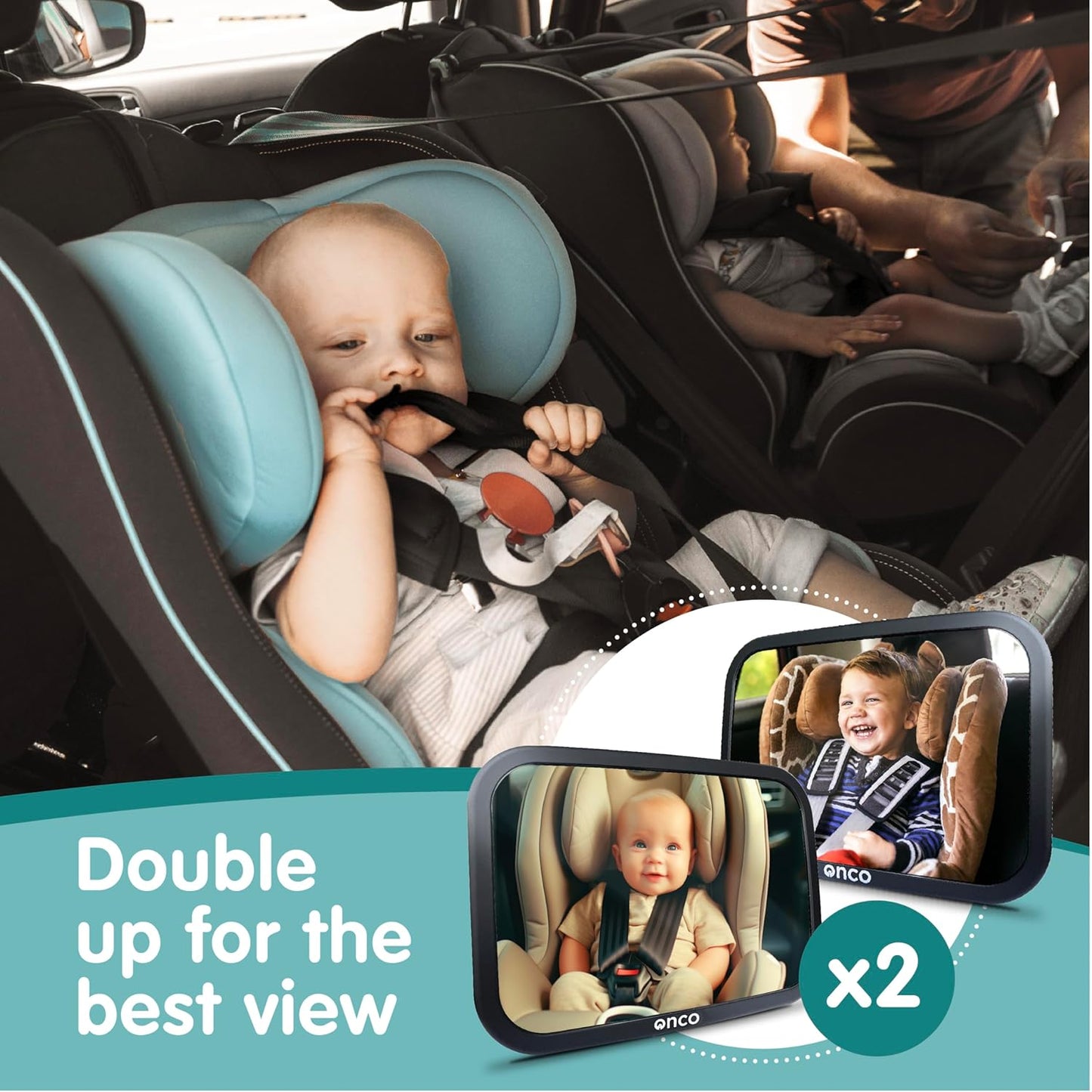 Onco Baby Car Mirror Rear Facing (2 Pack) - 100% Shatterproof & Shakeproof, Award-Winning Convex Car Mirror for Baby with 360° Rotation, Newborn Essentials (9.6 x 6.9 in)