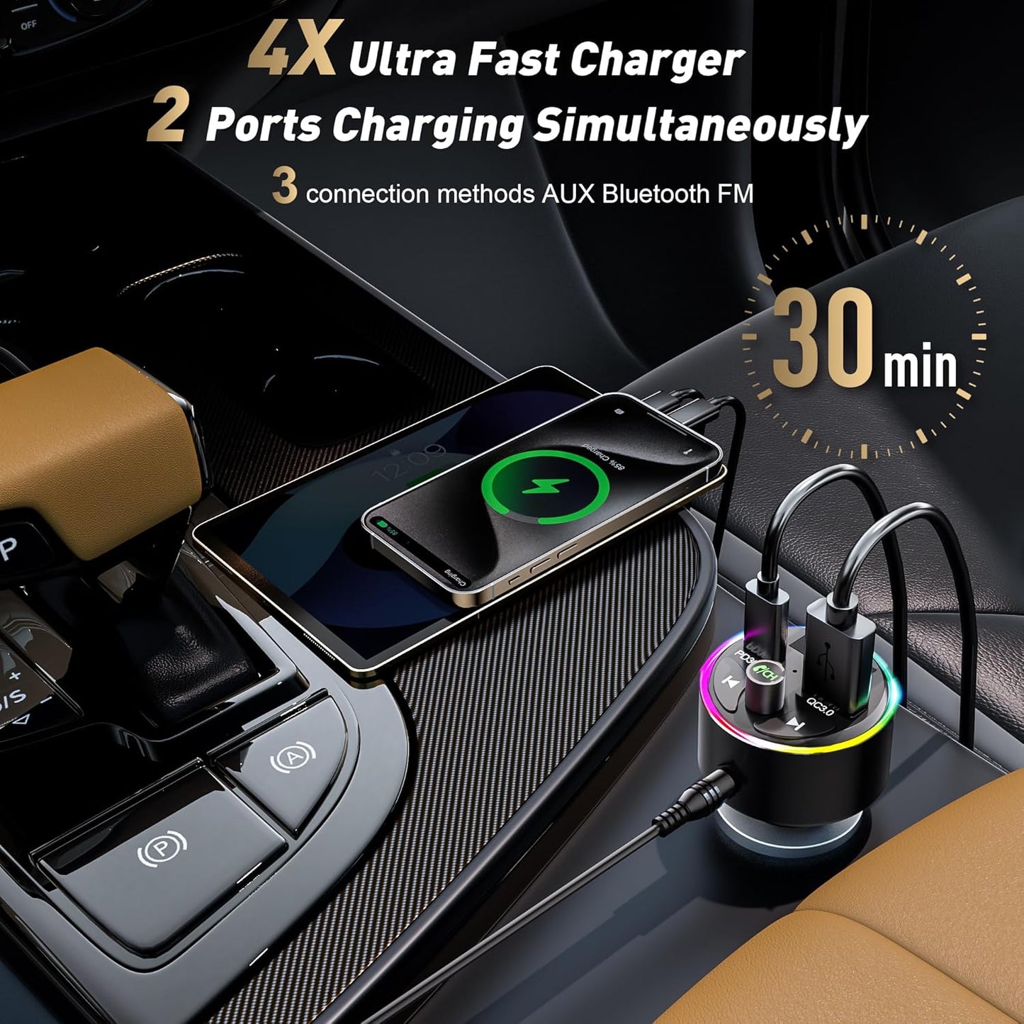 FM Transmitter Bluetooth 5.3, 54W Fast USB Car Charger [PD 36W& QC3.0 18W] Cigarette Lighter Wireless Radio Adapter Supports Hands-Free Call, Aux 3.5mm, 9 Colors LED Backlit
