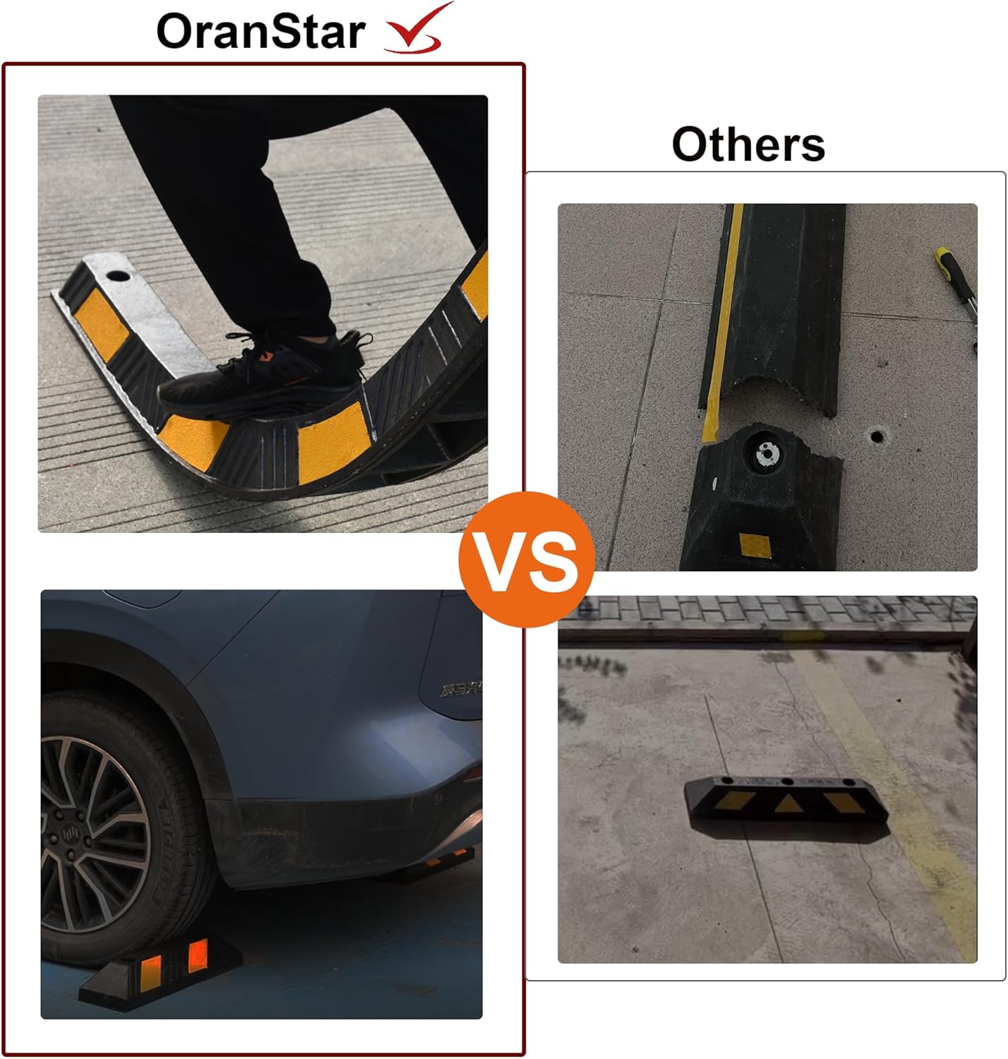 OrangeStar 21" Rubber Parking Curbs, Heavy Duty Garage Floor Wheel Stopper w/Yellow Reflective Stripe for Car, Truck, Trailer, 4 Pack