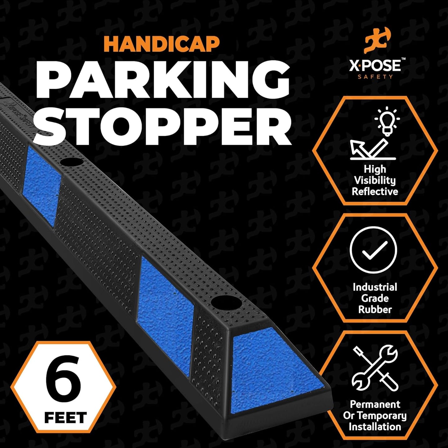 Xpose Safety 72" Heavy Duty Rubber Parking Stopper – 2 Pack Wheel Blocks for Garage, Driveway, or Ramp – Car Bumper Stop with Blue Reflective Strips – Removable Floor Mount