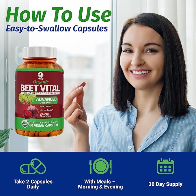 1 Body Beet Vital, Organic Beet Root Supplements for Circulation, Energy, & Stamina, Nitric Oxide Booster Beets Supplements with 1360mg Beetroot Extract, Vegan, Non-GMO, 60 Beetroot Capsules