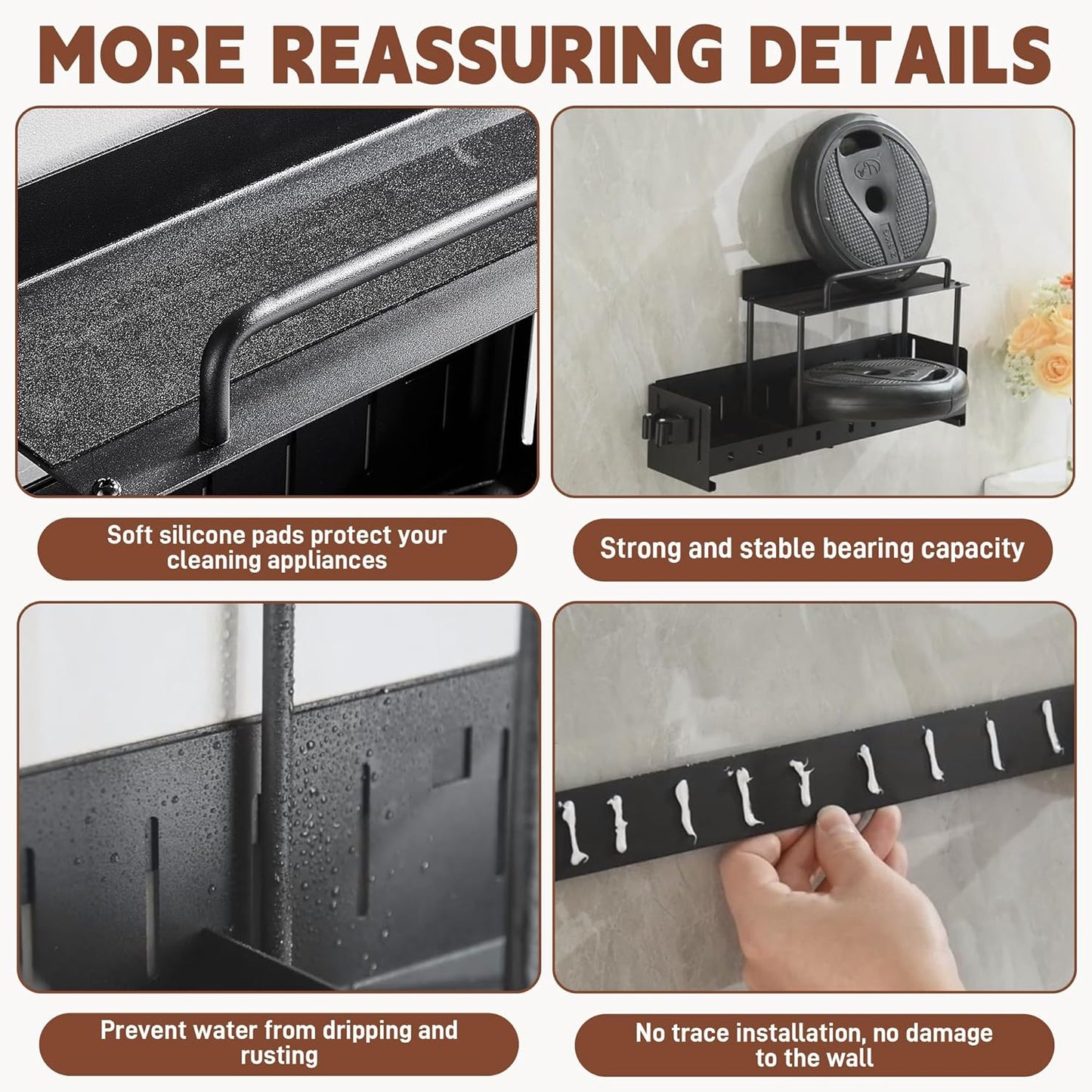 Wall-Mounted Cleaning Tool Organizer, 16.14x4.33x3.74 inches, Black Storage Rack with Drip Tray, Mop Holder with 5 Hooks