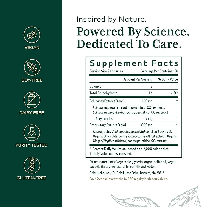 Gaia Herbs Pro Immune Activator - Immune Support Supplement - Features Echinacea, Ginger Root, Elderberry & Andrographis - Vegan, Dairy-Free & Gluten-Free - 40 Liquid Phyto-Caps (20 Servings)