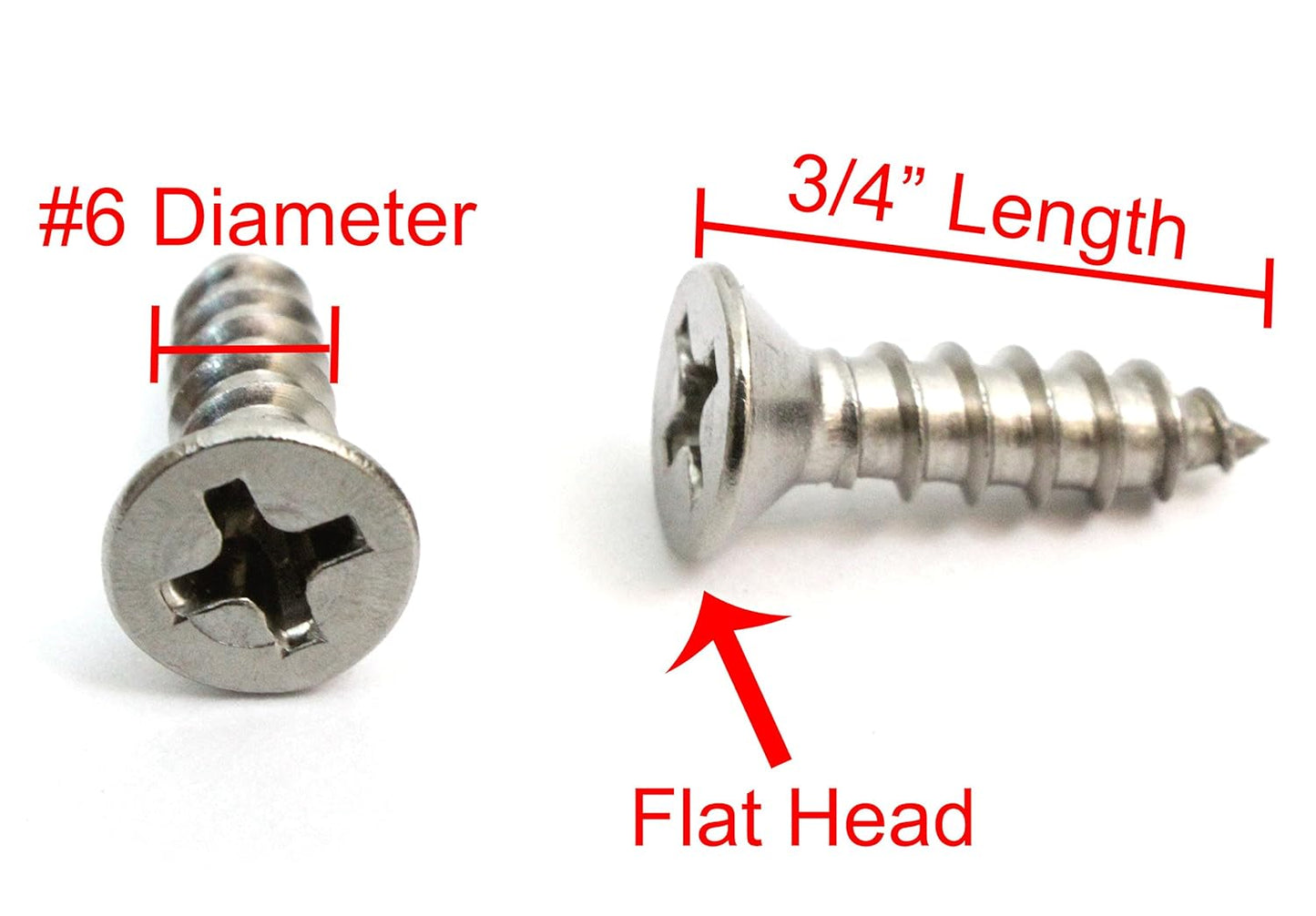 Bolt Dropper No. 6 x 3/4" Stainless Steel Flat Head Phillips Wood Screw, (100 pc), 18-8 (304) Stainless Steel Sheet Metal Screws- Type A Point, Plain Finish
