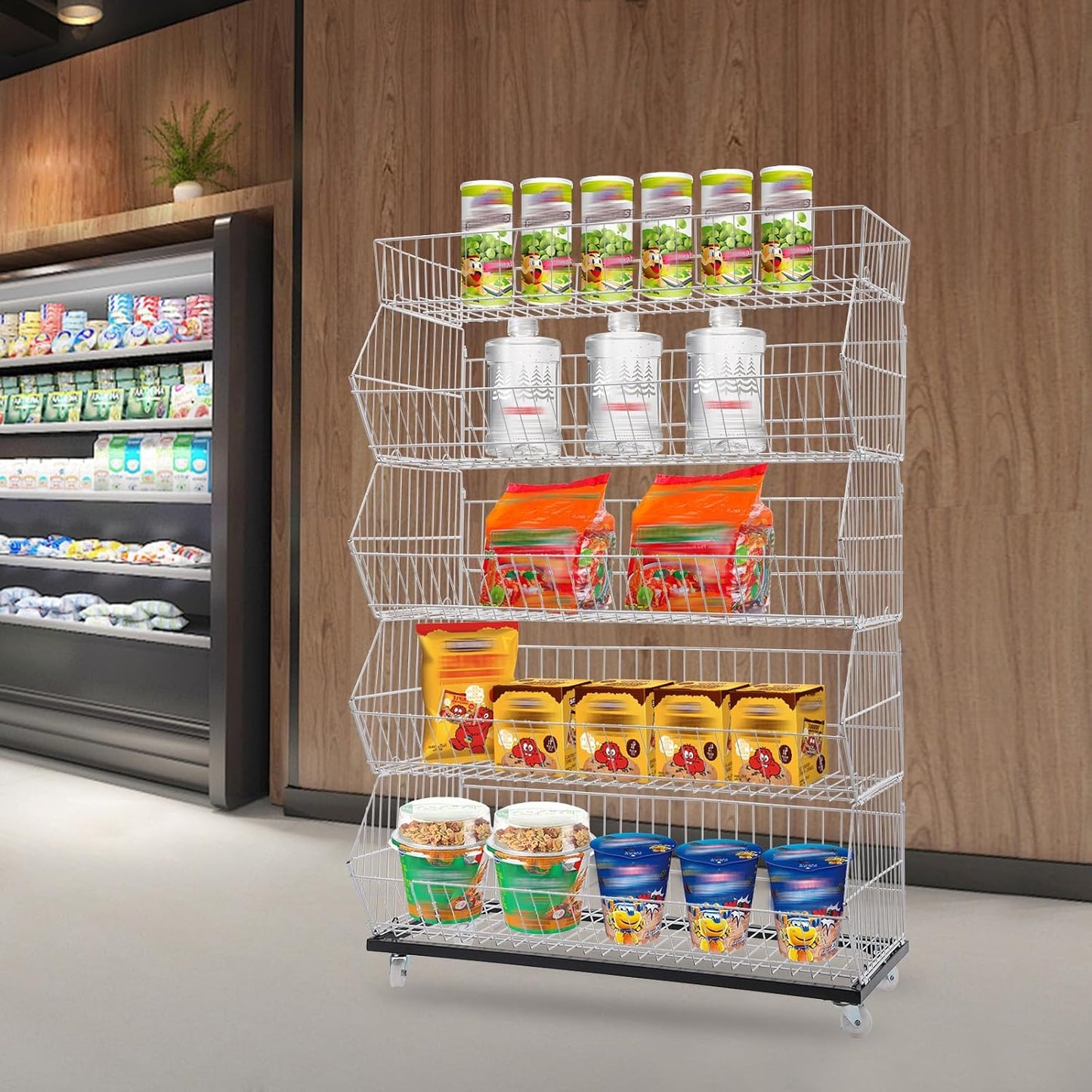 Retail Display Rack 5-Tier Market Merchandise Display Shelf Fruit Storage Shelf Vegetable Snack Basket Retail Store Supplies with Wheels for Home Store Market (18" D X 35" W X 55" H-White)