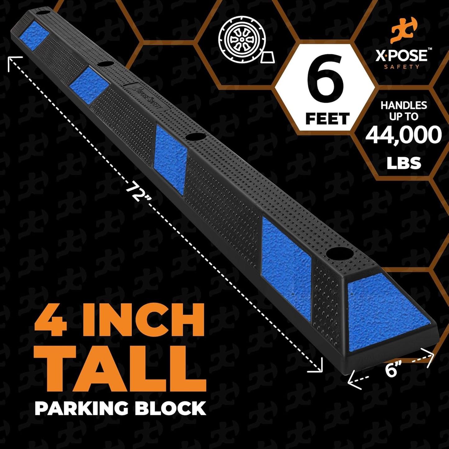 Xpose Safety 72" Heavy Duty Rubber Parking Stopper – 2 Pack Wheel Blocks for Garage, Driveway, or Ramp – Car Bumper Stop with Blue Reflective Strips – Removable Floor Mount