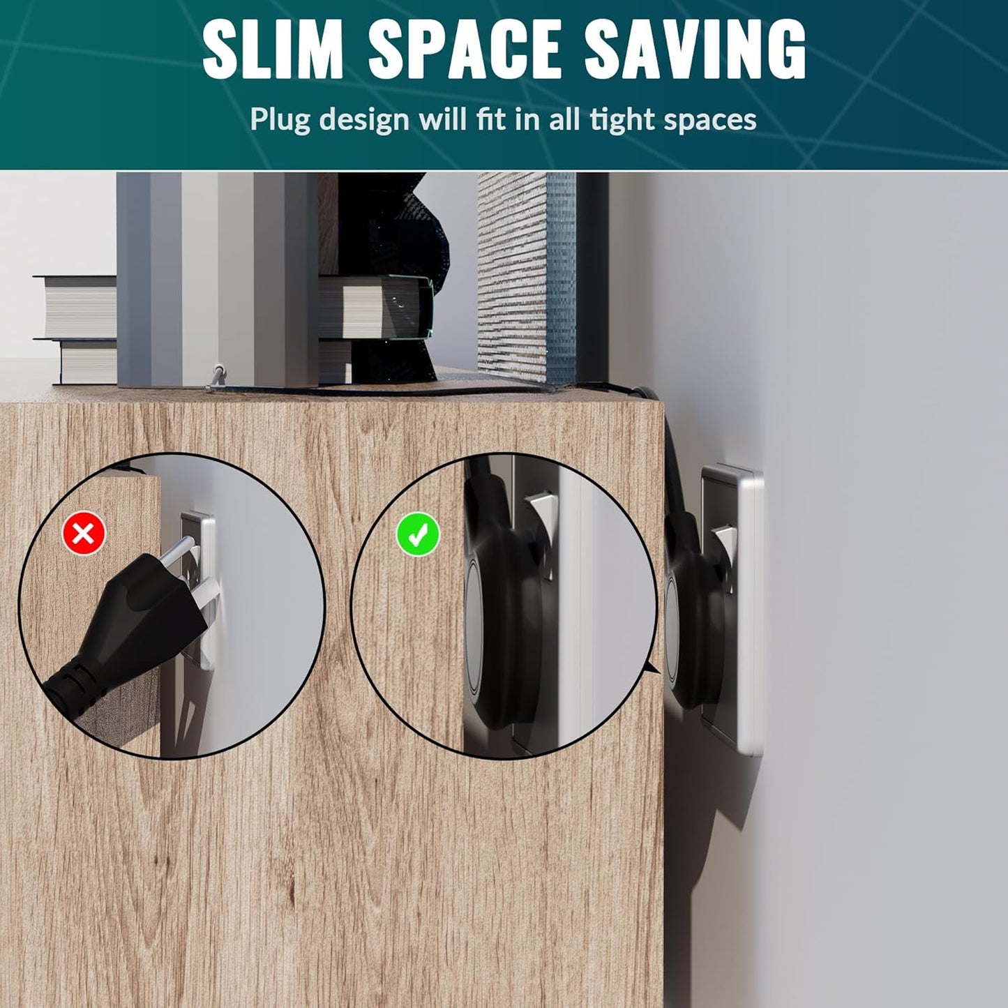 Elecan Flat Plug Extension Cord 4 Ft 2 Pack with Slim Space-Saving Plug Design, Thin Flat Cable Low Profile Power Cord 3 Prong Grounded Wire, 16 Gauge 13 A/125 V-Black-ETL Certified