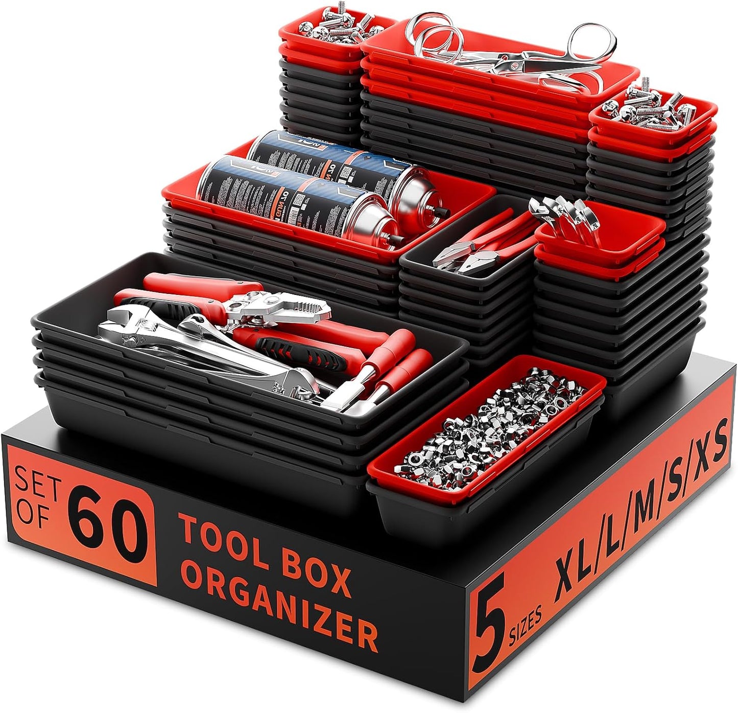Tool Box Organizer Tray, Toolbox Desk Drawer Organizer, Tool Box Tray, Toolbox Organization Storage for Rolling Tool Chest (60PCS (Black+Red))