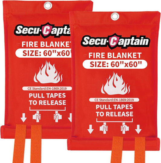 SecuCaptain Emergency Fire Blanket for Home - 2 Pack 60"x60" X-Large Flame Retardant Blankets with Fireproof Tabs for House Camping Kitchen Fire Protection Survival Safety