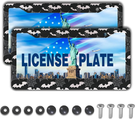 License Plate Frame Black and White License Plate Holder Spider Web Bat Universal Aluminum Car Accessory 2 Pack with Screw Covers Set