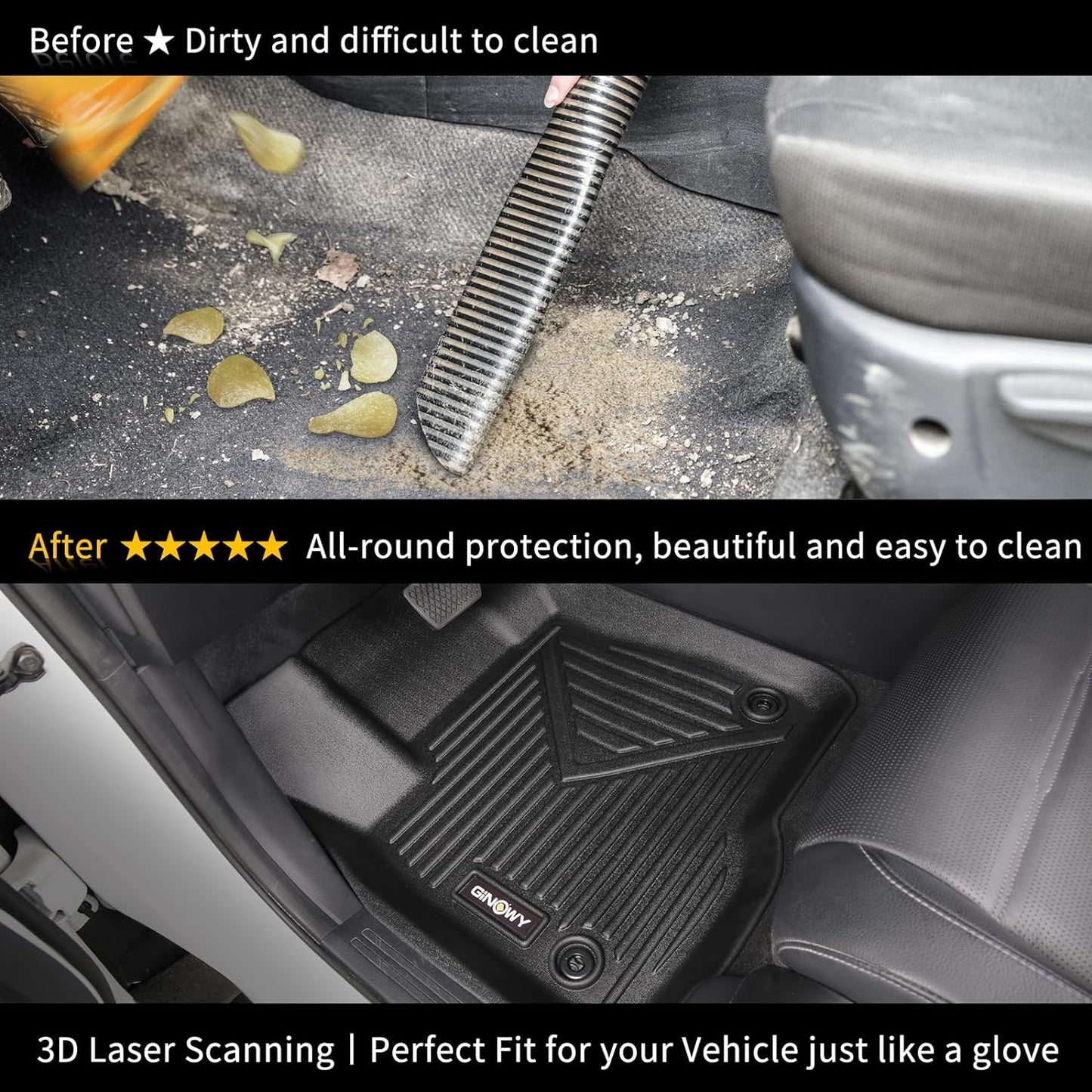 GINOWY- Floor Mats for Kia Seltos 2020-2024 2025, TPE All Weather Protection Mats for Kia Seltos 2024, Custom Seltos Floor Liners Non-Slip Waterproof Automotive Accessories, Black