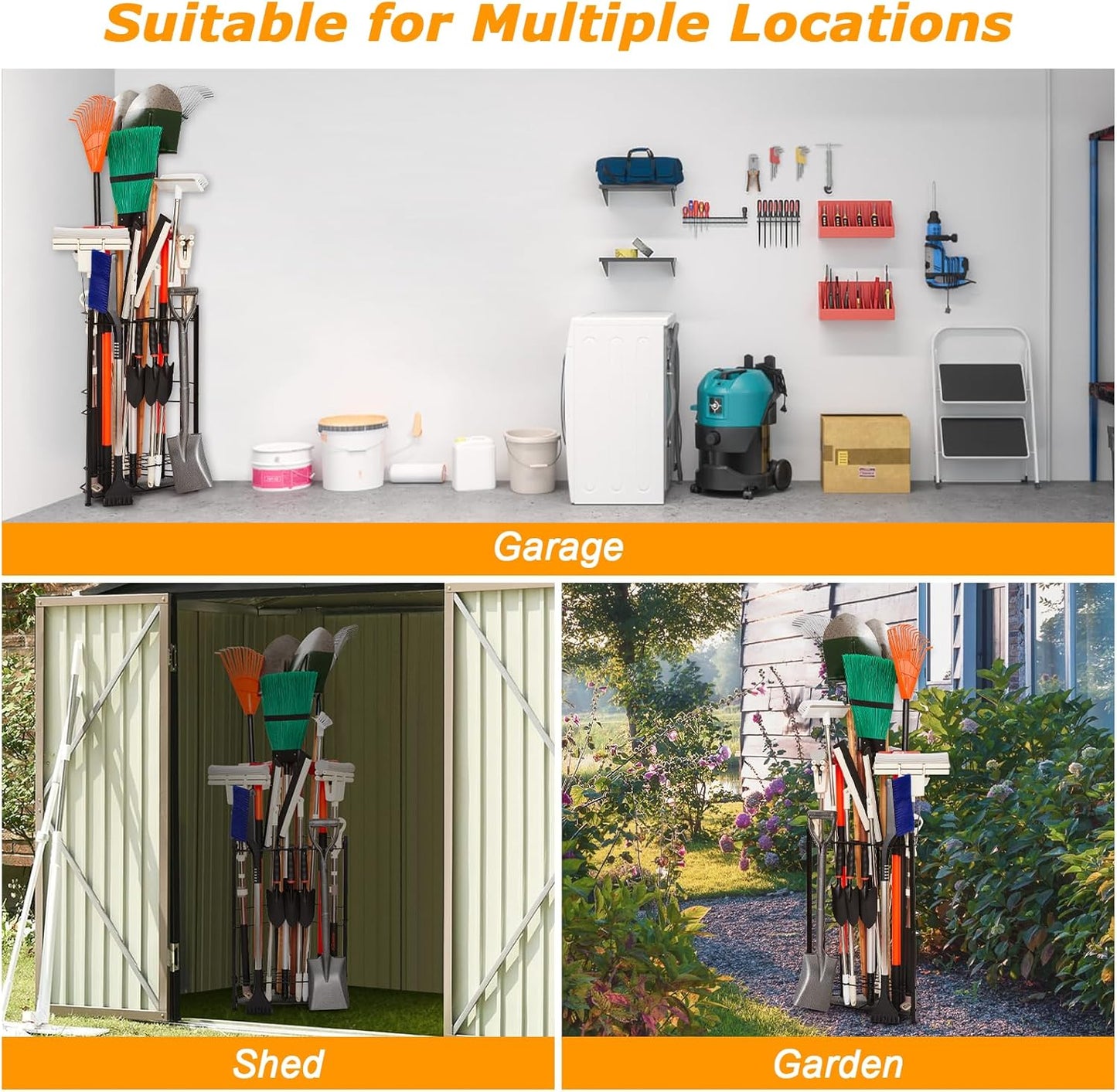 Garden Tool Organizer for Corner, Holds 35 Long-Handled Tools/Rakes/Brooms/Shovles for Garage Organization and Storage, Shed, Outdoor, Lawn, Heavy-Duty Steel, Black, Easy Assembly (Triangle Organizer)