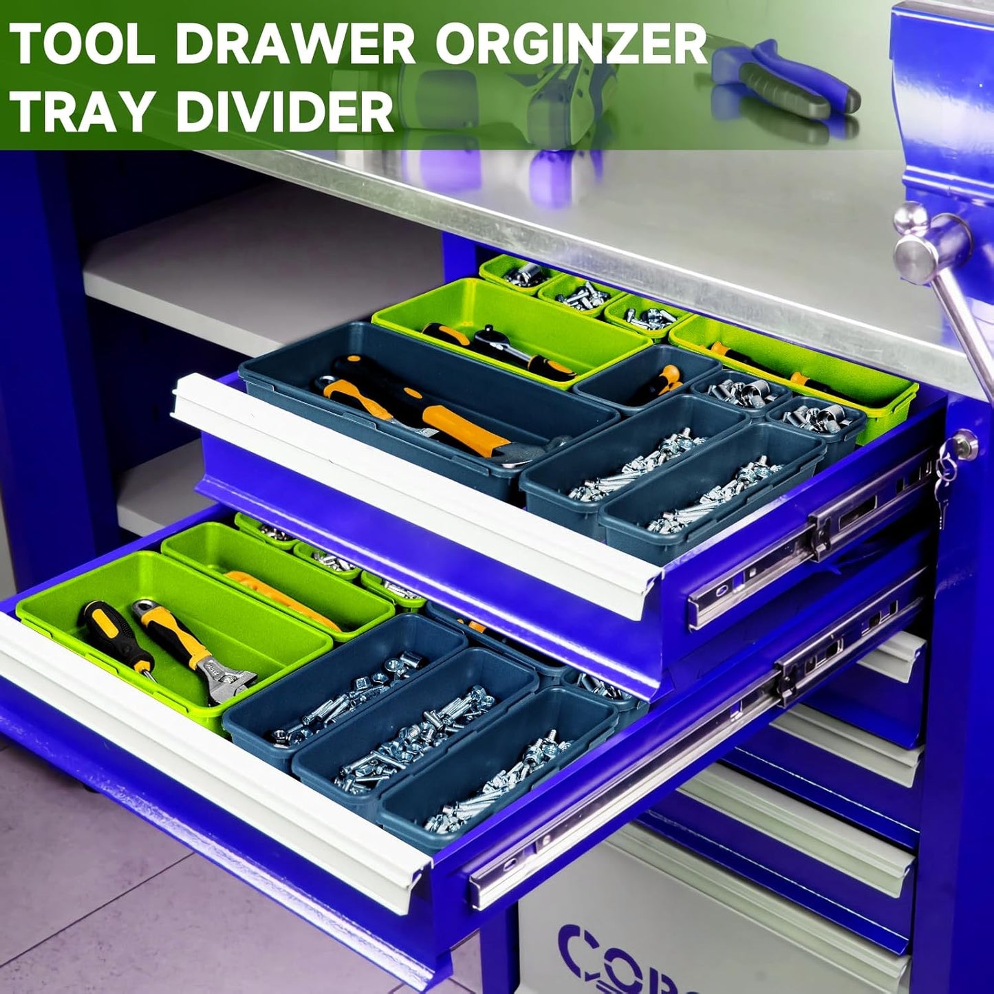 Tool Box Organizer Tray, Toolbox Desk Drawer Organizer, Tool Box Tray, Toolbox Organization Storage for Rolling Tool Chest (60PCS (Blue+Green))