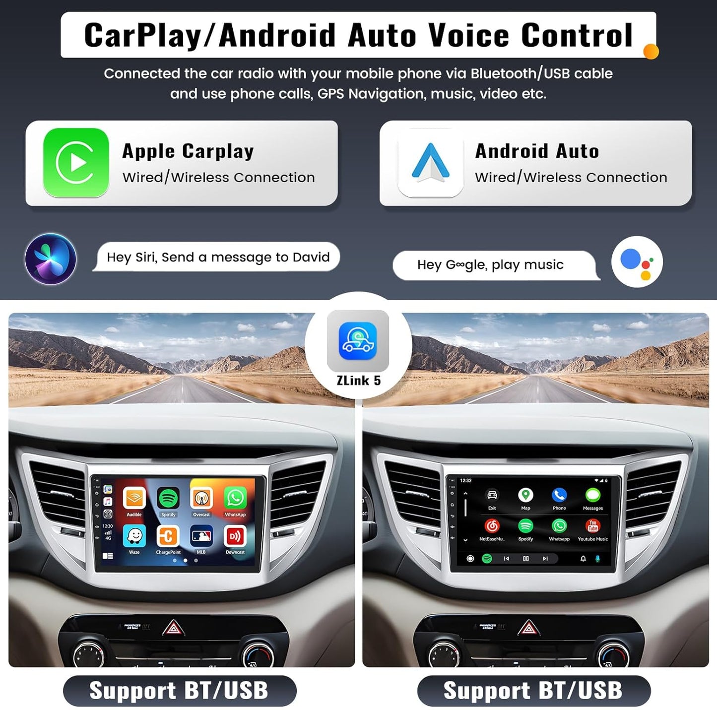 2G+32G 9 Inch Android Car Stereo for Hyundai Tucson 2015-2018 Radio Wireless Apple CarPlay Android Auto Bluetooth Touchscreen GPS Navigation Head Unit WiFi FM USB SWC Split Screen+AHD Backup Camera