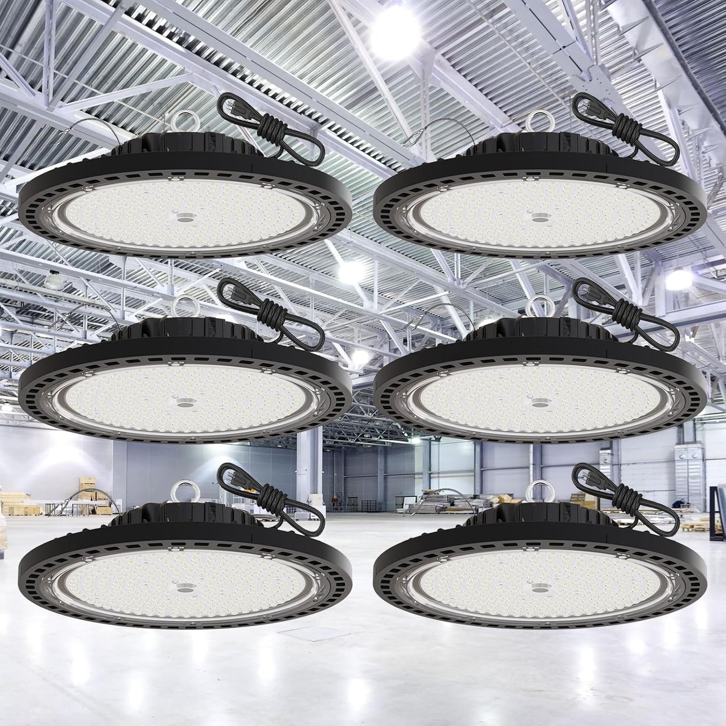 6 Pack UFO LED High Bay Light 200W, 29000 LM, 5000K with 5ft Power Cord, US Plug, Bright LED Shop Light for Basement Commercial Factory Garage Lighting, IP66 Waterproof, AC110-277V, ETL Listded