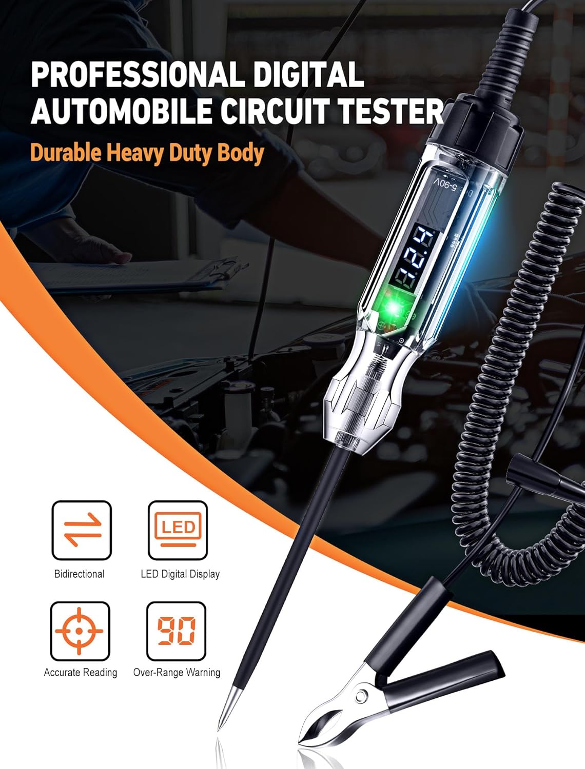 Automotive Test Light, Heavy Duty 5-90V Digital LED Electrical Tester, Circuit Tester with 140 Inch PU Spring Wire, Voltage Tester Pen for Checking Vehicle Car Truck Motorcycle Boat