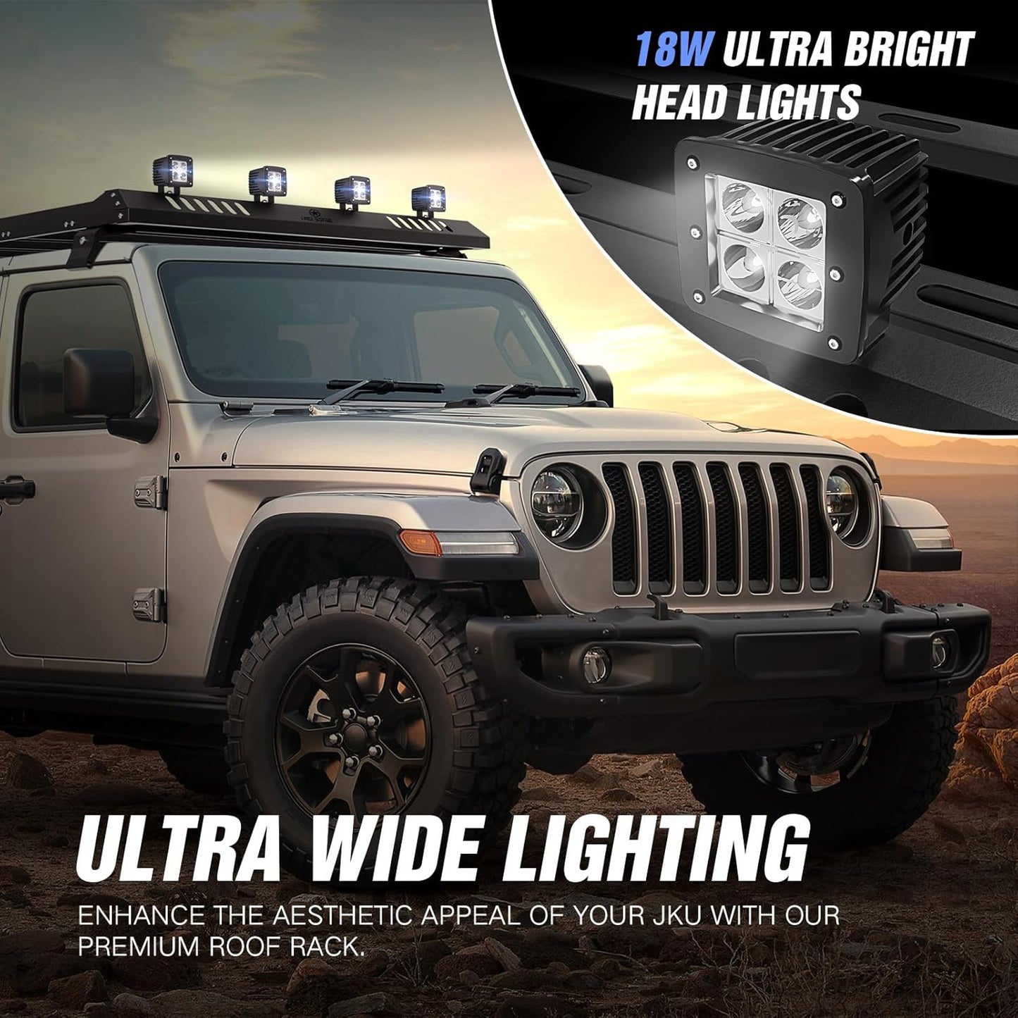 Roof Rack Cargo Basket with 4 PCS LED Light Bar Compatible with 2007-2024 Jeep Wrangler JK JL Unlimited & Gladiator JT 4 Doors Hardtop Model, JKU JLU Luggage Storage Carrier Rooftop Racks