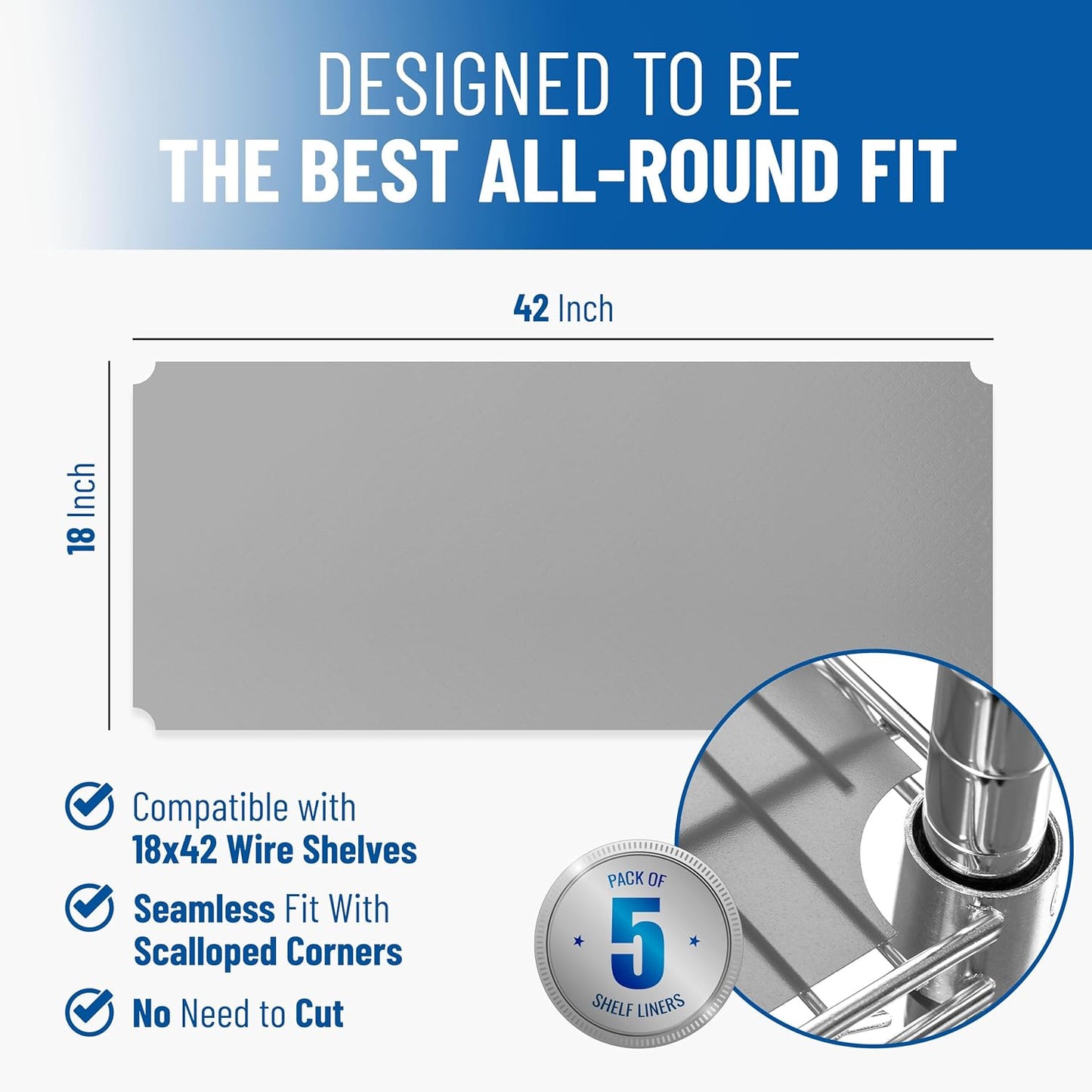 Shelf Liners for Wire Shelf System: Set of 5 in Graphite: 18 x 42 inch: Plastic Wire Shelving Shelf Mats