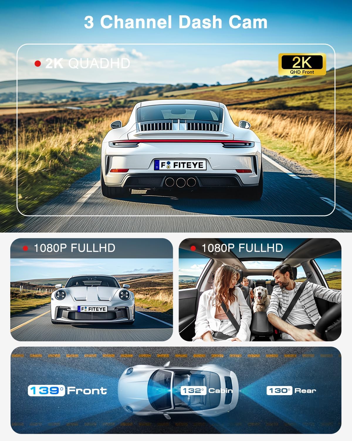 3 Channel 4K Dash Cam, IMX335 STARVIS Sensor, 4K+2K Front and Inside, 2K+1080P+1080P Front and Rear Inside Dash Camera for Cars, Free 64GB Card, Built in WiFi GPS, Intelligent Voice Control