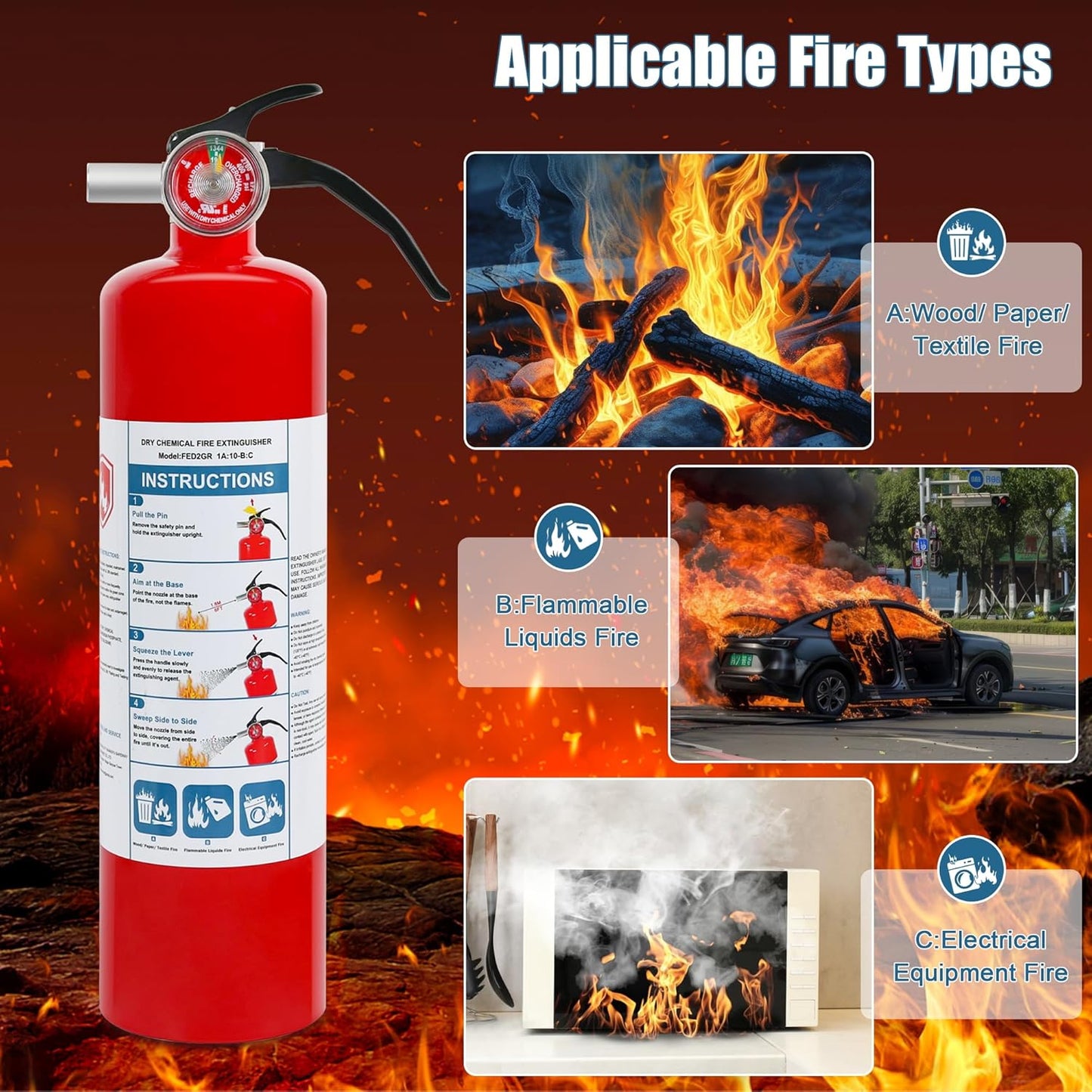 6 Pack Dry Chemical 2.5 lb ABC Fire Extinguishers, Home, Car, Boat Use, 1A:10B:C Rating, Quick Release Handle, Easy to store and Carry Dry Powder Extinguisher