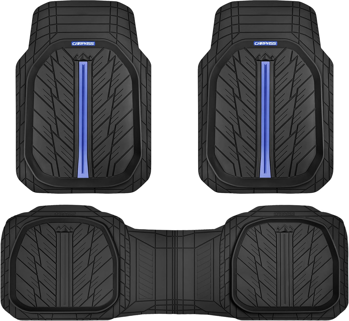 CAR PASS Tire Tread DeepDish Rubber Floor Mats for car Heavy Duty car mats All Weather, Universal XL~M Trim to Fit for Truck SUV Vehicle Automotive, Waterproof car mats 3 Piece(Blue Black)