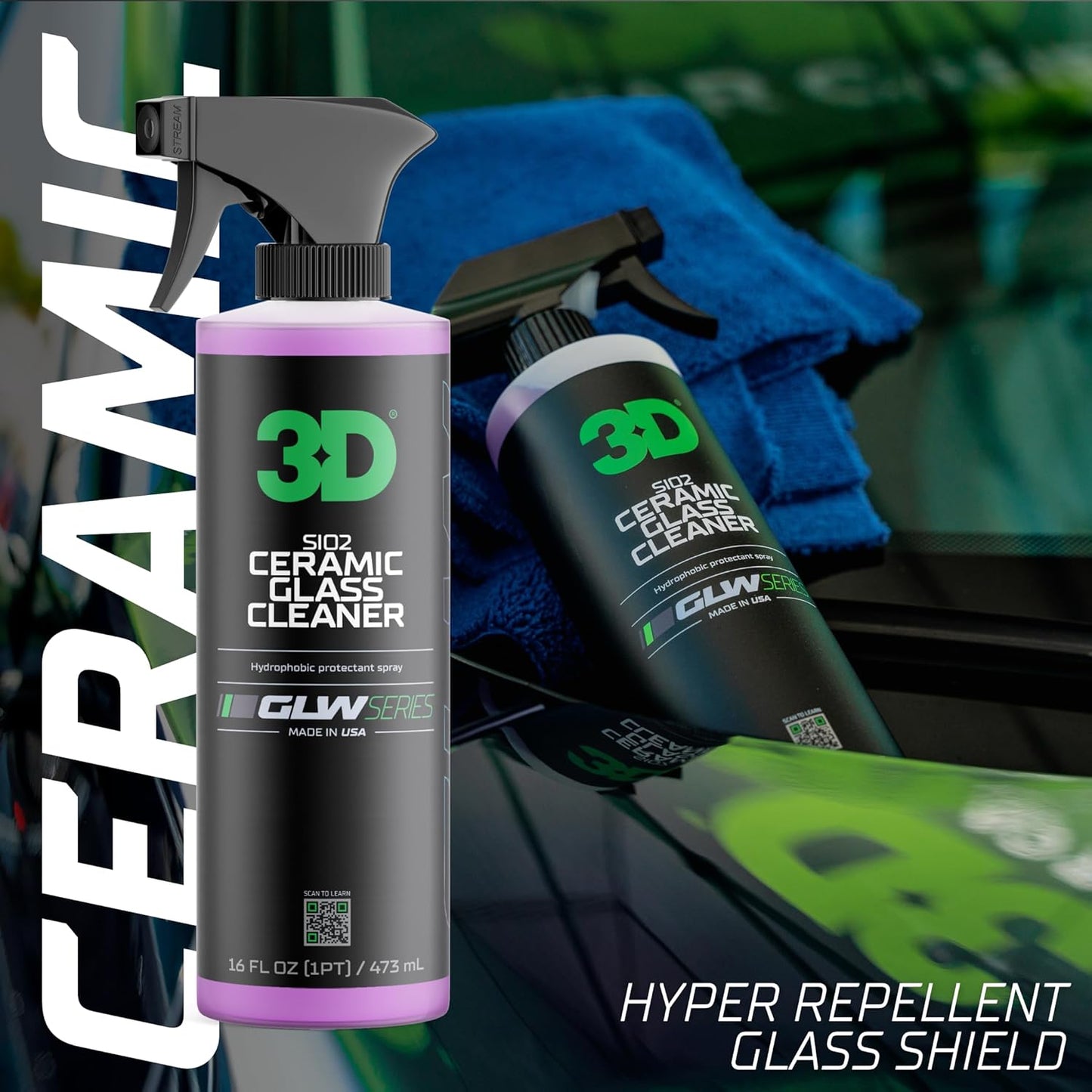 3D SiO2 Ceramic Glass Cleaner, GLW Series | Water & Rain Repellent | All-Weather Protective Ceramic Glass Cleaner | Safe for Tinted, Non-Tinted Windows & Mirrors | DIY Car Detailing | 64 oz