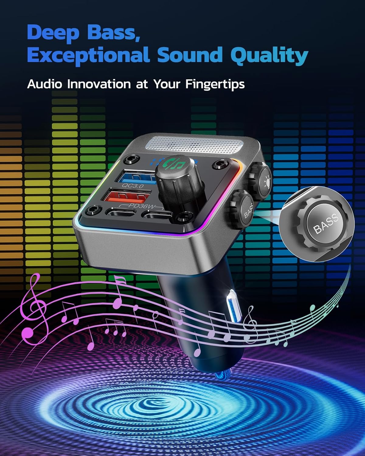 Nulaxy 54W Bluetooth 5.3 Car Adapter with 4 Charging Ports [PD 36W & QC3.0 18W], Wireless Radio FM Transmitter with Deep Bass Player & 5 Colors LED Backlit, Hands-Free Calling - Silver