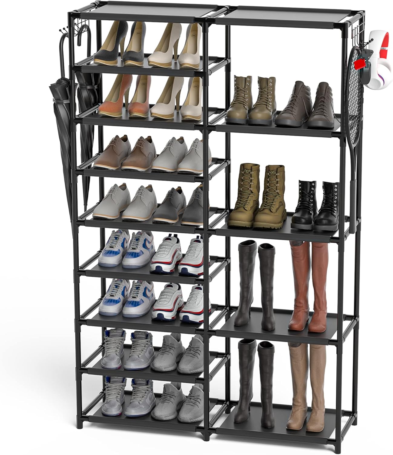 Tall Garage Shoe Rack Large Capacity,Two Rows Versatile Hooks Storage Boot Shelf Black 24-35 Pairs