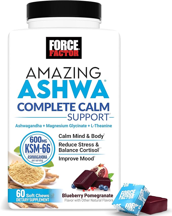 FORCE FACTOR Amazing Ashwa Complete Calm Support with KSM-66 Ashwagandha, Like Ashwangandha Gummies to Promote Calm & Relaxation with Magnesium & L-Theanine, Blueberry Pomegranate, 60 Soft Chews