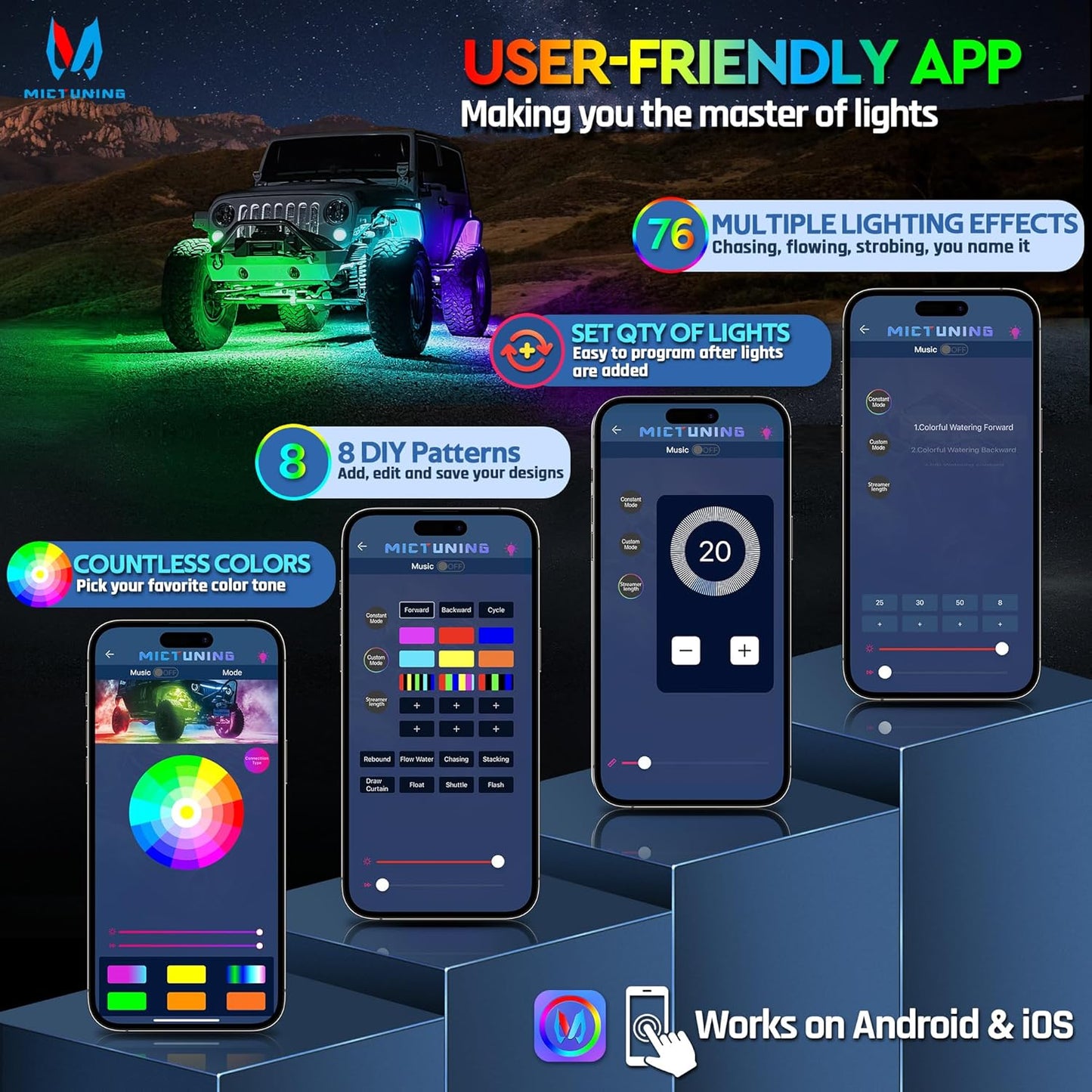 MICTUNING C2 Max RGB+IC Chasing Color LED Rock Lights - 12 Pods Underglow Lighting Kit, Dynamic Lighting Modes, Extensible Up to 24 Pods with Stable APP Control, IP68 Waterproof, DIY Effect