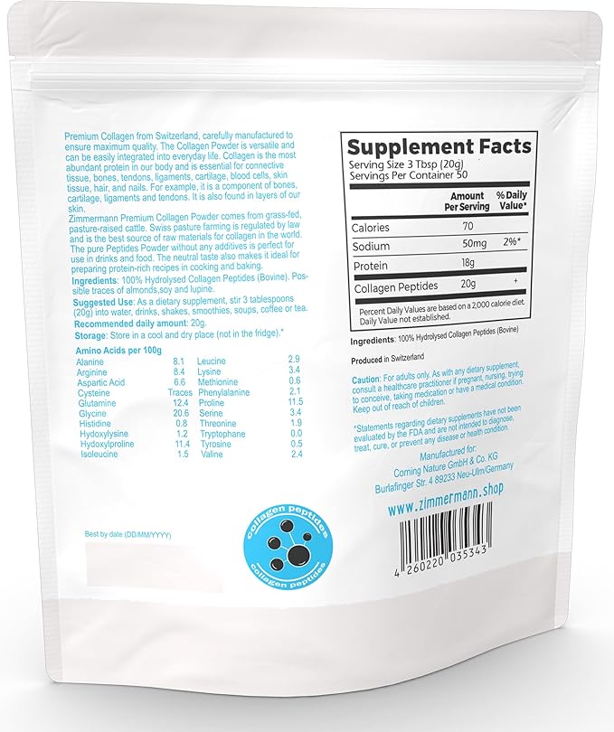 Zimmermann Collagen Peptides Powder 2.2lb 1000g, Produce of Switzerland, Grass Fed, Hydrolyzed, Unflavored, for Women & Men - Hair, Skin, Nail, & Joint Support, Keto, Type I and III.