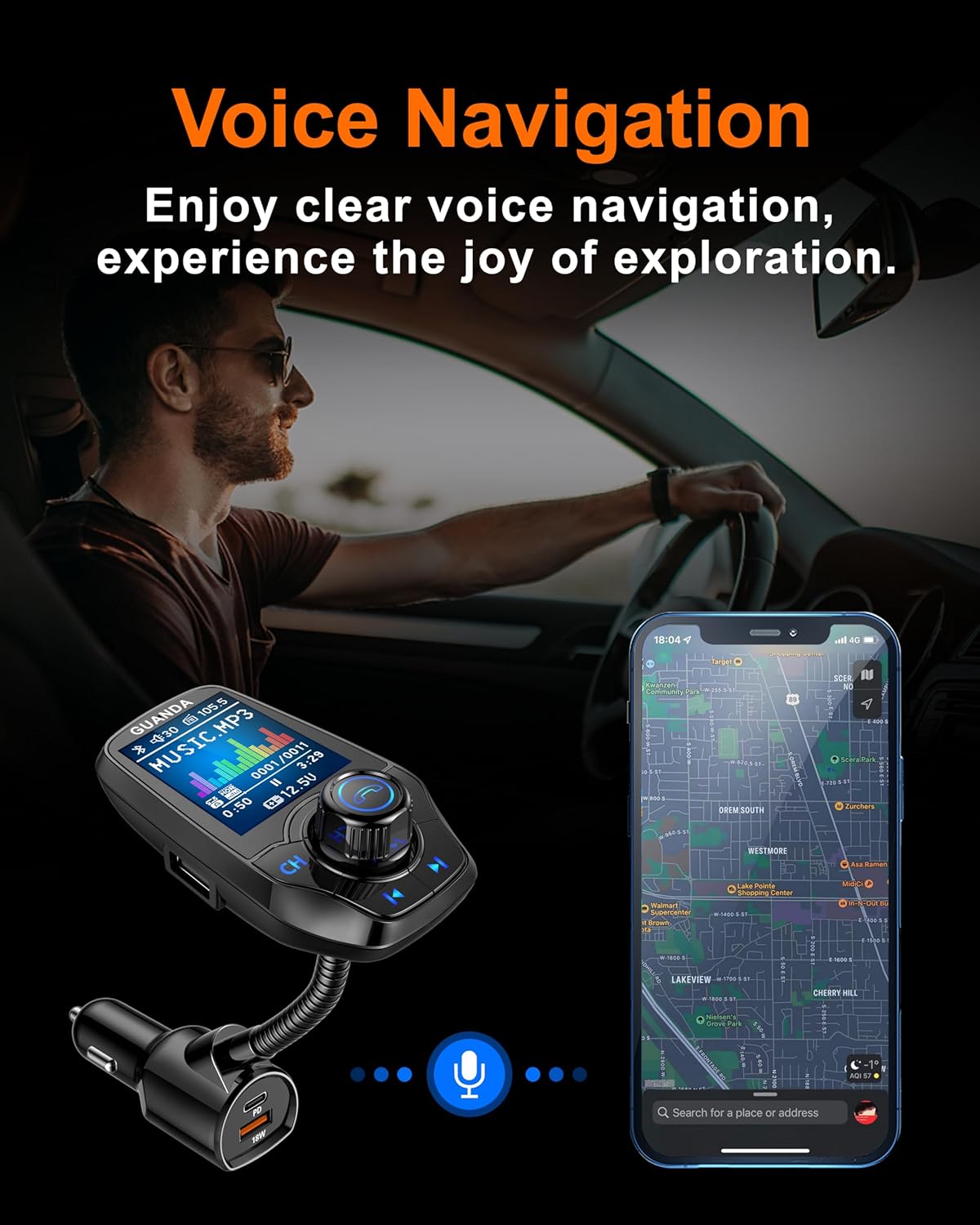 Upgraded Bluetooth FM Transmitter for Car, Wireless Radio Adapter Kit W 1.8" Color Display Hands-Free Call AUX in/Out SD/TF Card USB Charger PD 20W for All Smartphones Audio Players - Black